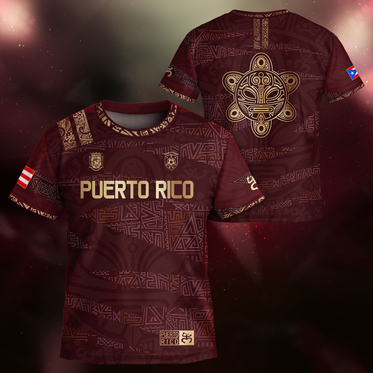 Puerto Rico Kids Youth Maroon Gold Taino Tribal Pattern National Heritage Boricua Soccer Jersey