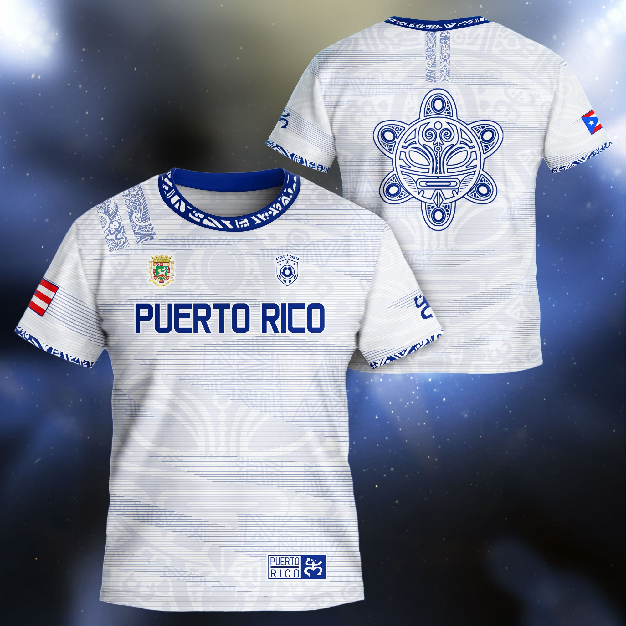 Camiseta de fútbol boricua de herencia nacional con patrón tribal taíno blanco y azul para niños y jóvenes de Puerto Rico