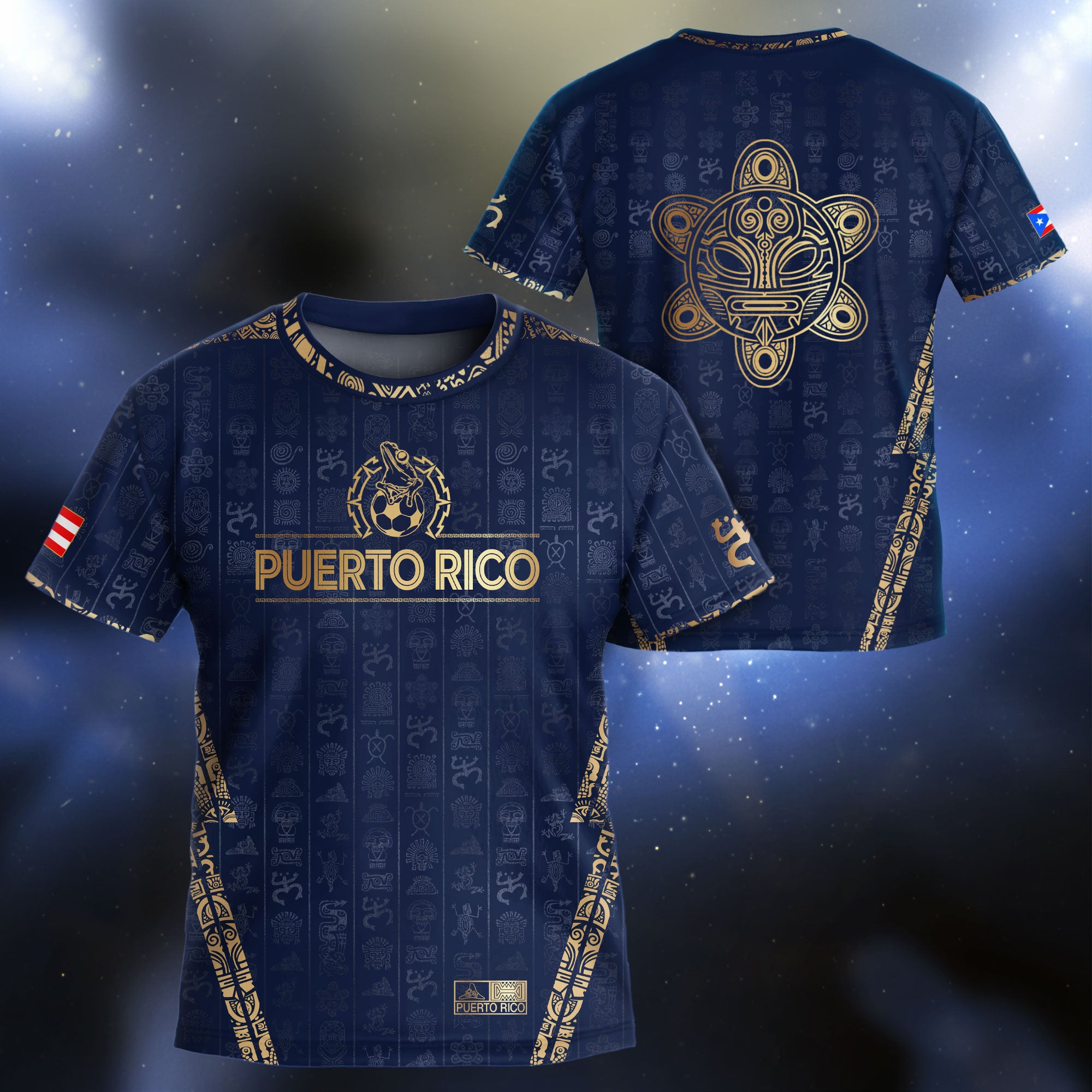 Camiseta de fútbol juvenil de Puerto Rico para niños, color azul marino dorado, con el Sol Taino, herencia nacional, arte boricua