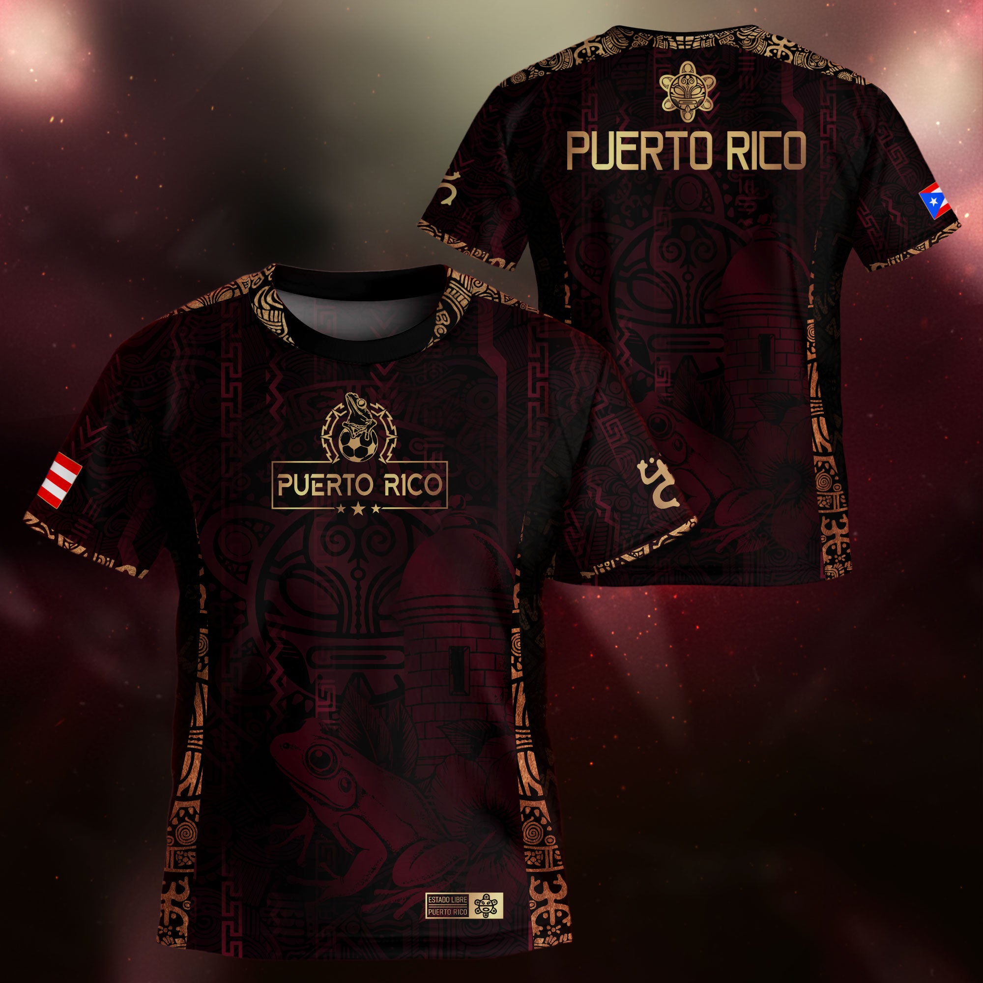 Puerto Rico Kids Youth Maroon Gold Taino Sun Boricua Coqui Frog Heritage Art Soccer Jersey