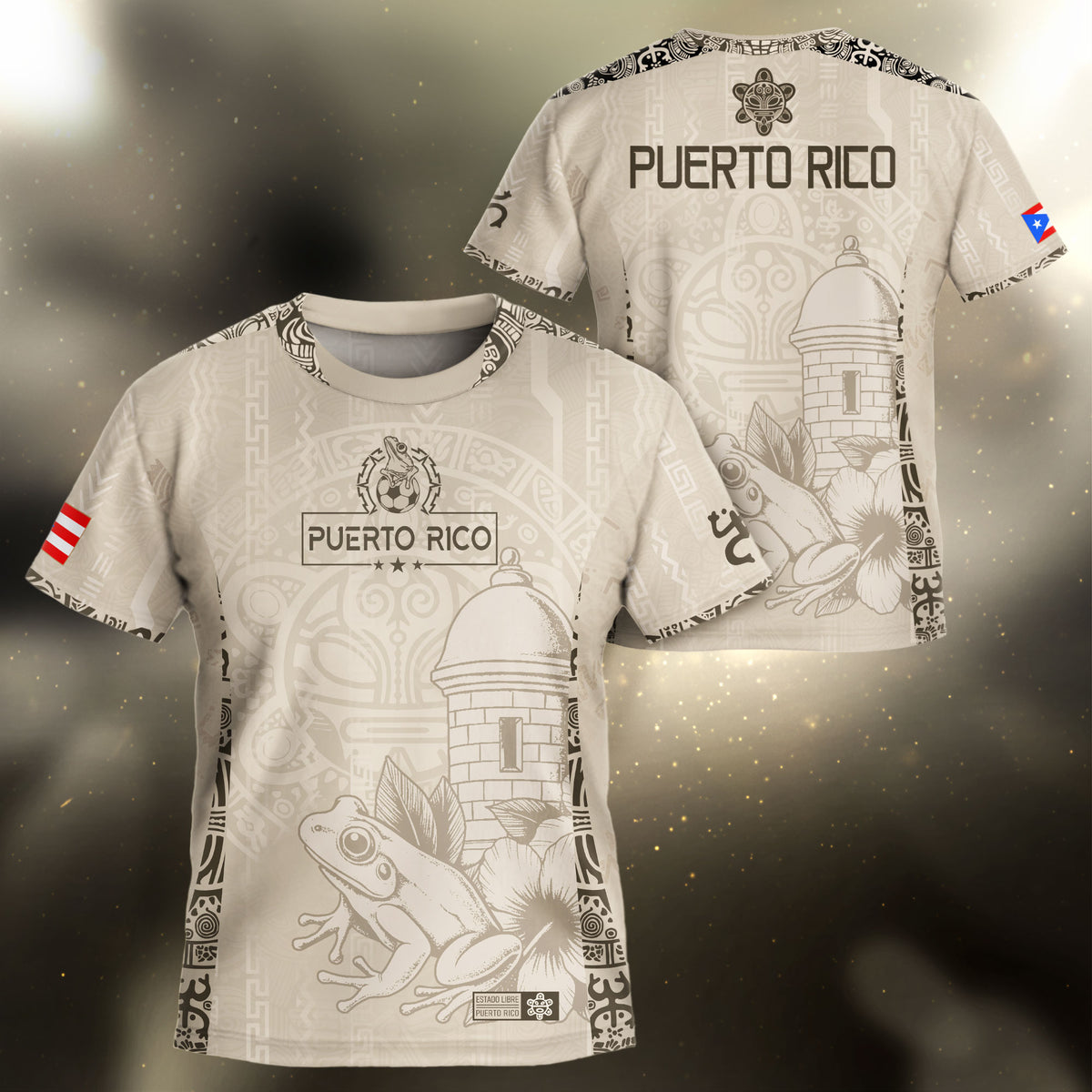 Puerto Rico Kids Youth Beige Gold Coqui Frog Floral Garita Taino Sun Heritage Soccer Jersey