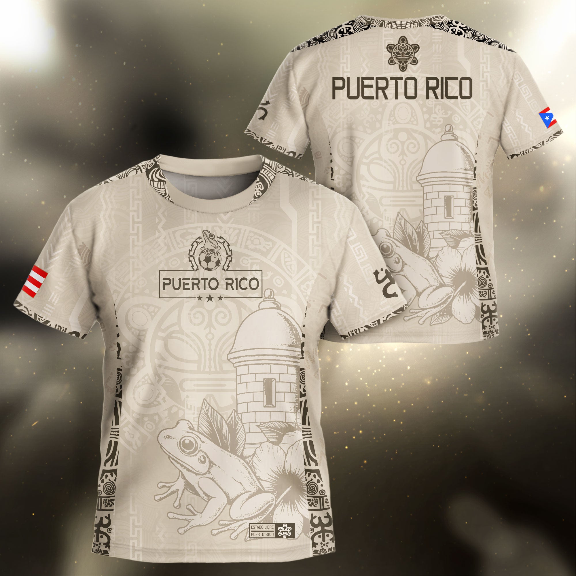 Puerto Rico Kids Youth Beige Gold Coqui Frog Floral Garita Taino Sun Heritage Soccer Jersey