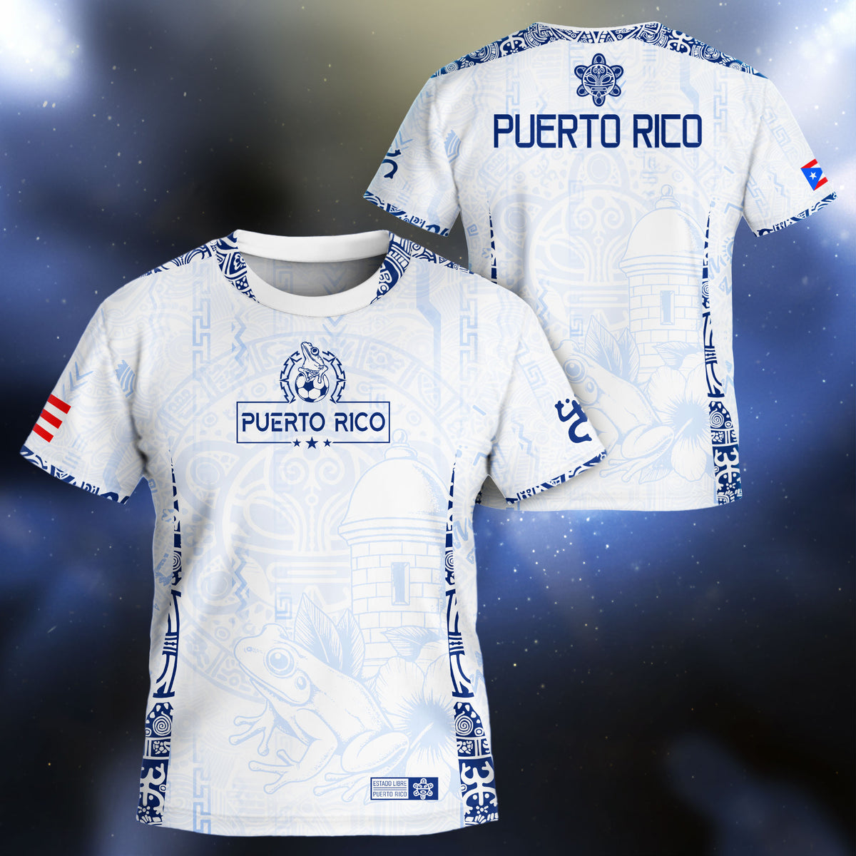 Puerto Rico Kids Youth White Blue Coqui Frog Garita Floral Taino Sun Heritage Soccer Jersey
