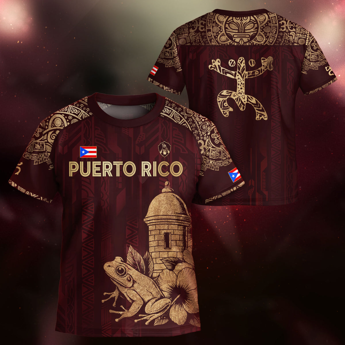 Puerto Rico Kids Youth Maroon Gold Coqui Frog Garita Floral Taino Sun Heritage Soccer Jersey