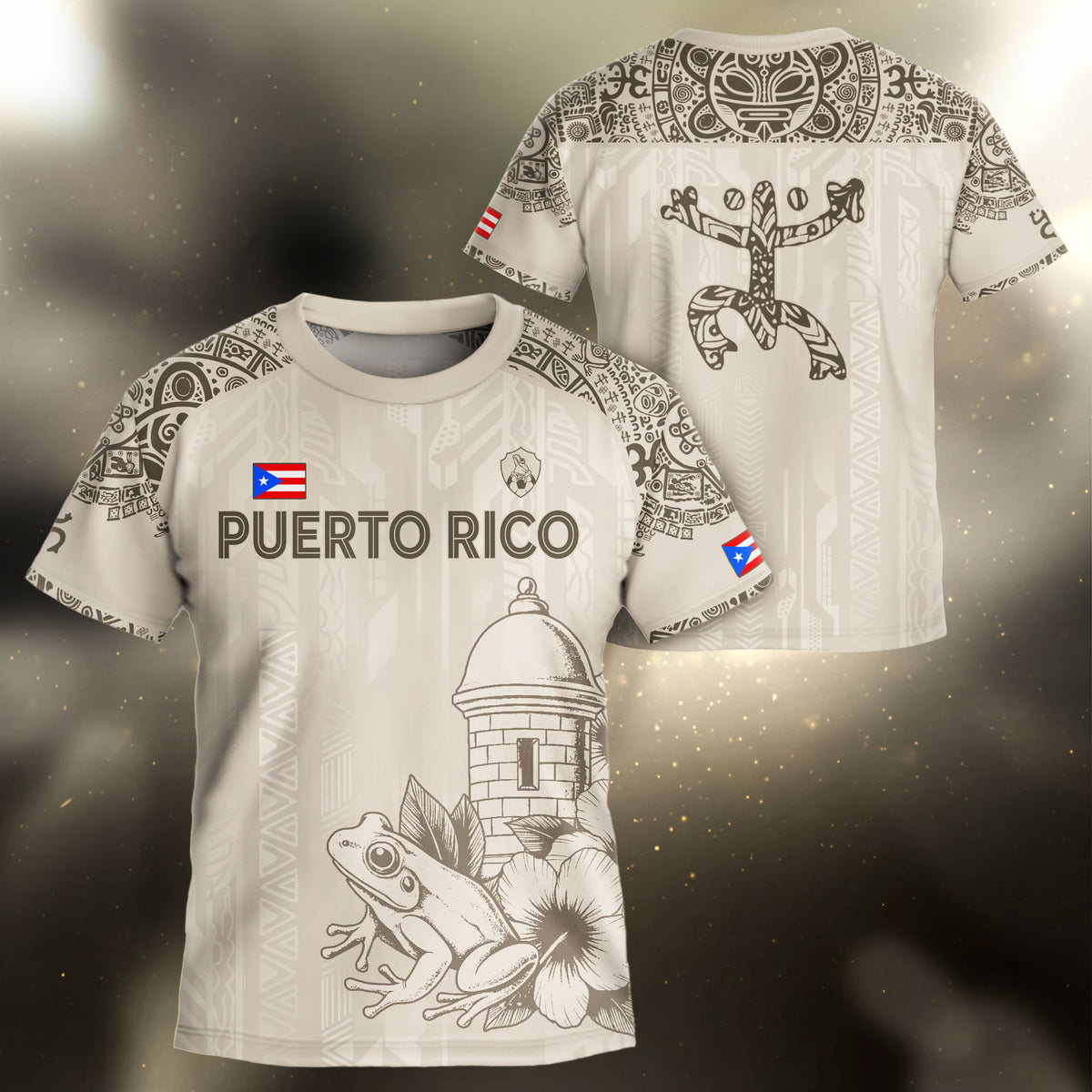 Puerto Rico Kids Youth Beige Gold Coqui Frog Garita Floral Taino Sun Heritage Soccer Jersey