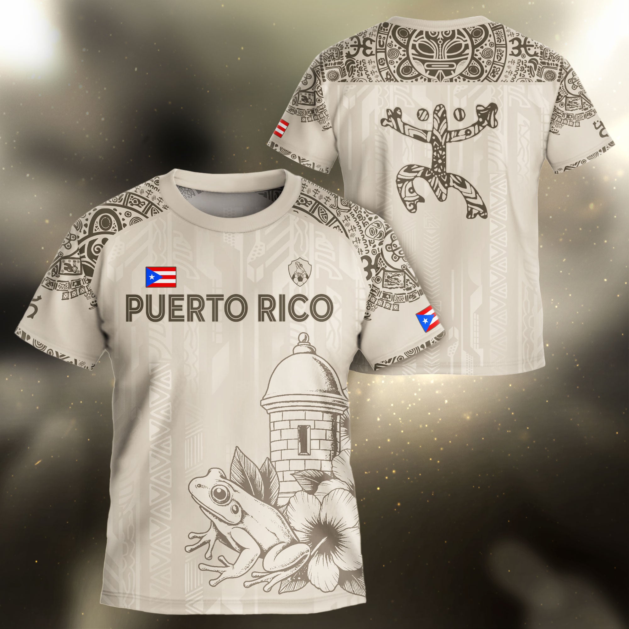 Puerto Rico Kids Youth Beige Gold Coqui Frog Garita Floral Taino Sun Heritage Soccer Jersey