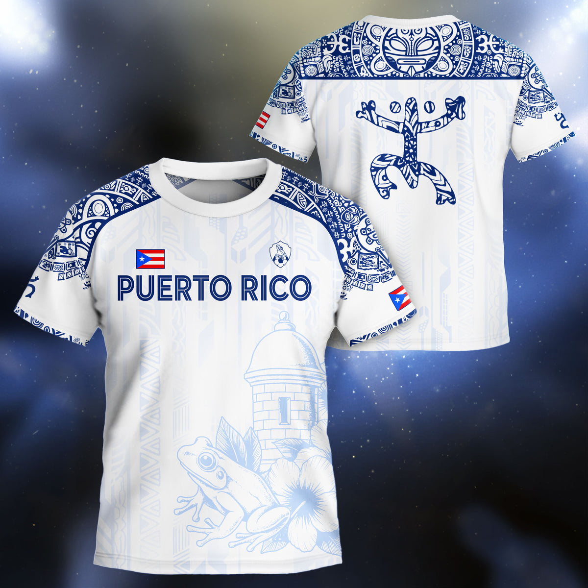 Puerto Rico Kids Youth White Blue Coqui Frog Garita Floral Taino Sun Island Heritage Soccer Jersey