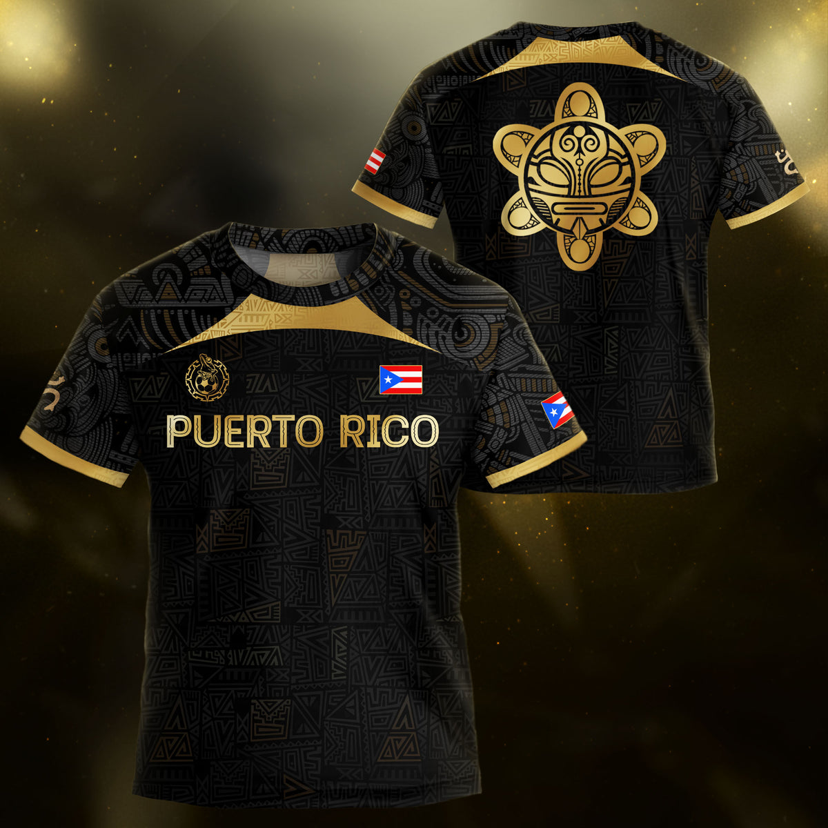 Puerto Rico Kids Youth Black Gold Tribal Graphic Taino Sun National Heritage Soccer Jersey