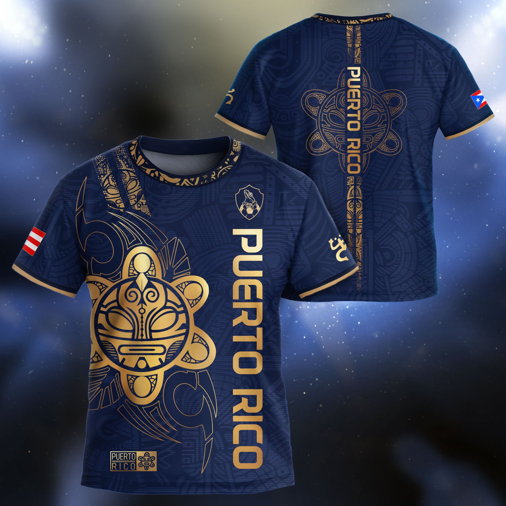 Camiseta de fútbol boricua de herencia nacional con texto vertical del Sol Taino dorado azul marino para niños y jóvenes de Puerto Rico