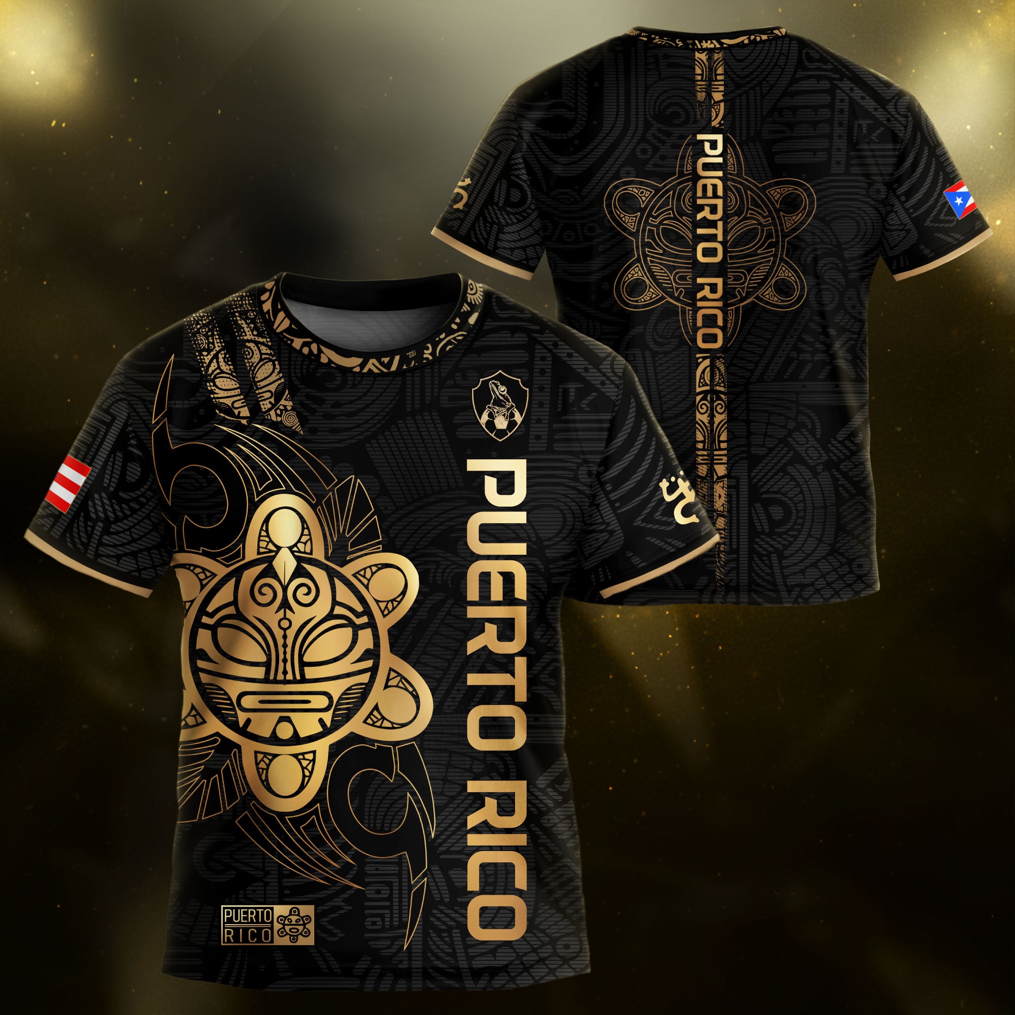 Camiseta de fútbol juvenil negra dorada del Sol Taino de Puerto Rico para niños y jóvenes, herencia nacional, orgullo boricua