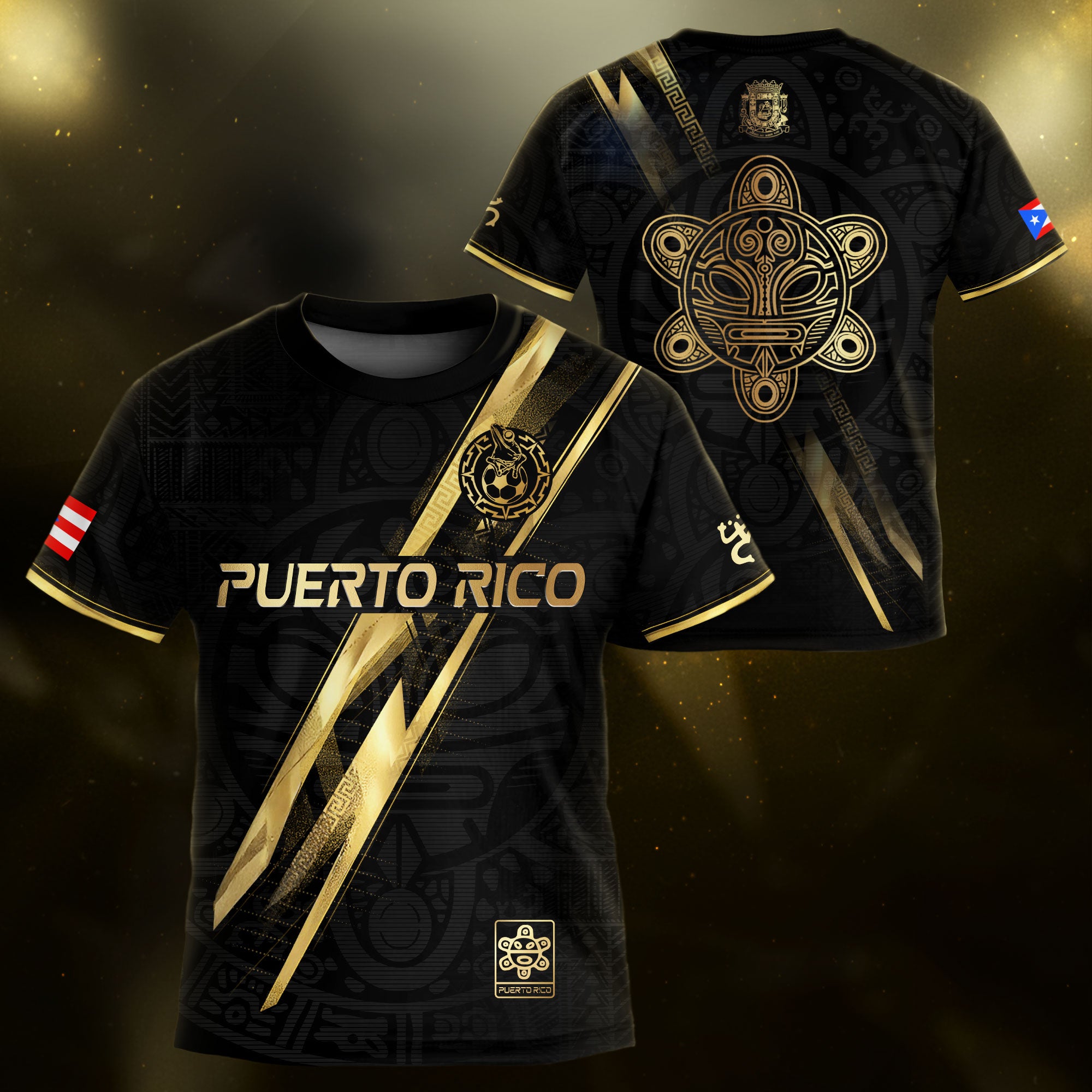 Puerto Rico Kids Youth Black Gold Lightning Graphic Taino Sun National Heritage Soccer Jersey