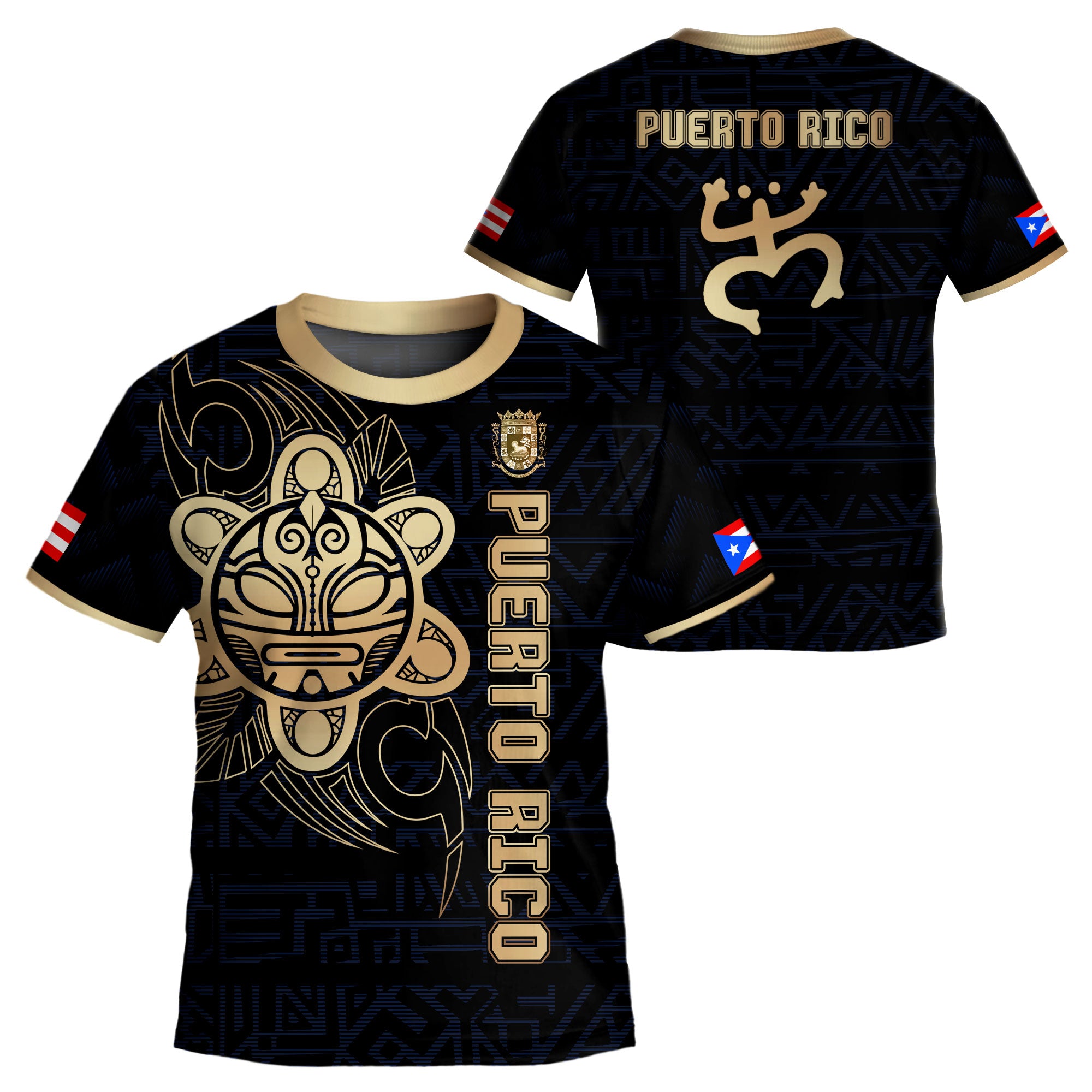Puerto Rico Kids Youth Black Navy Gold Taino Sun God Tribal Heritage Soccer Jersey