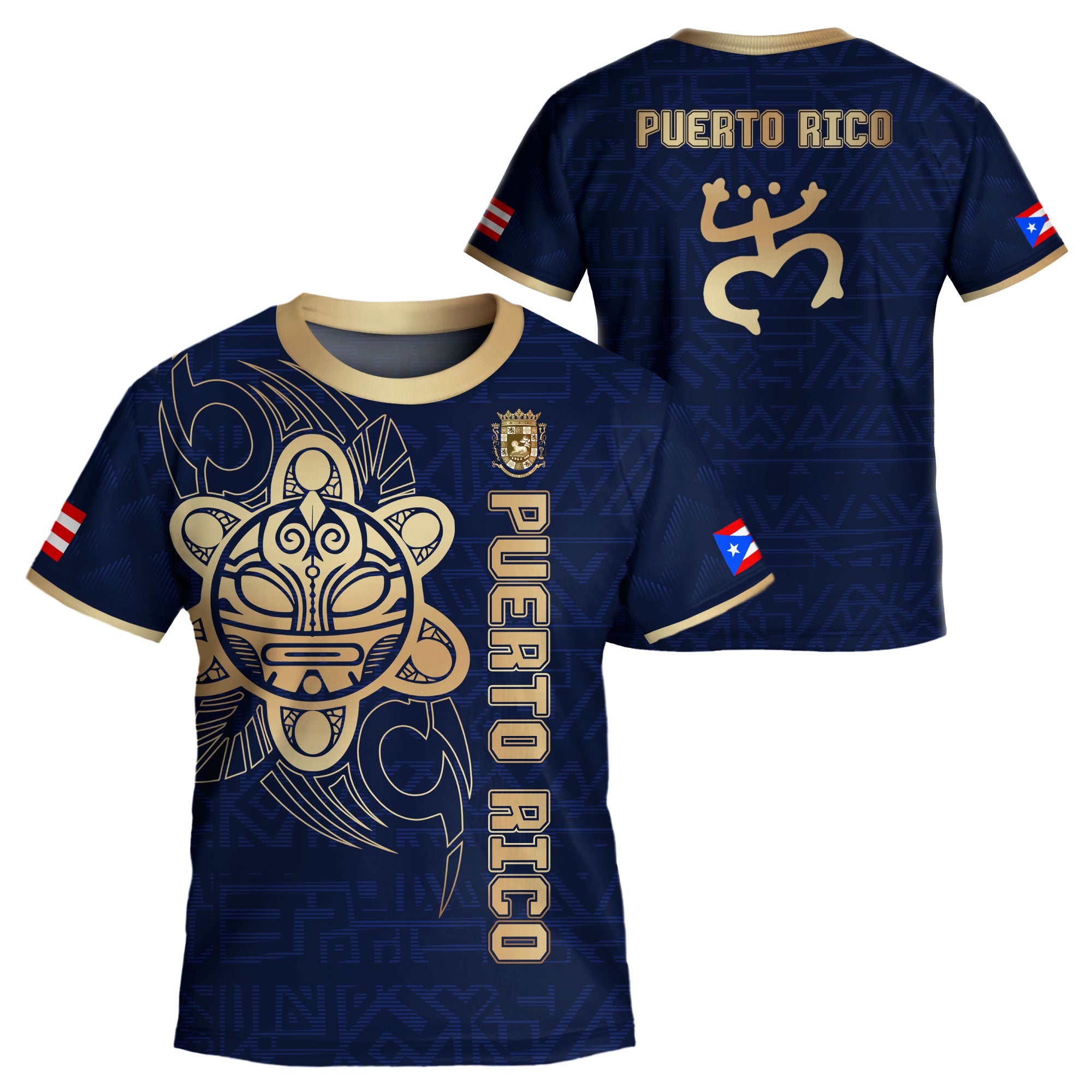 Camiseta de fútbol juvenil de Puerto Rico para niños, color dorado, azul marino, dios del sol taíno, herencia nacional boricua antigua
