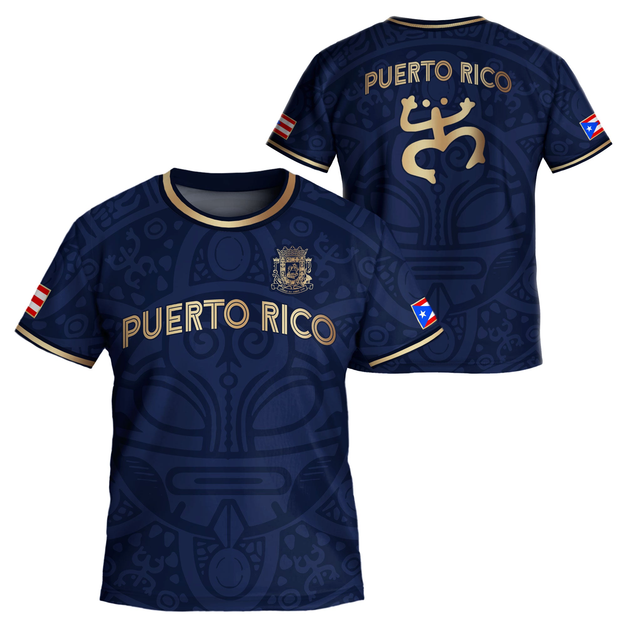 Camiseta de fútbol patriótica tribal boricua sol taíno coquí de Puerto Rico para niños y jóvenes, color dorado y azul marino