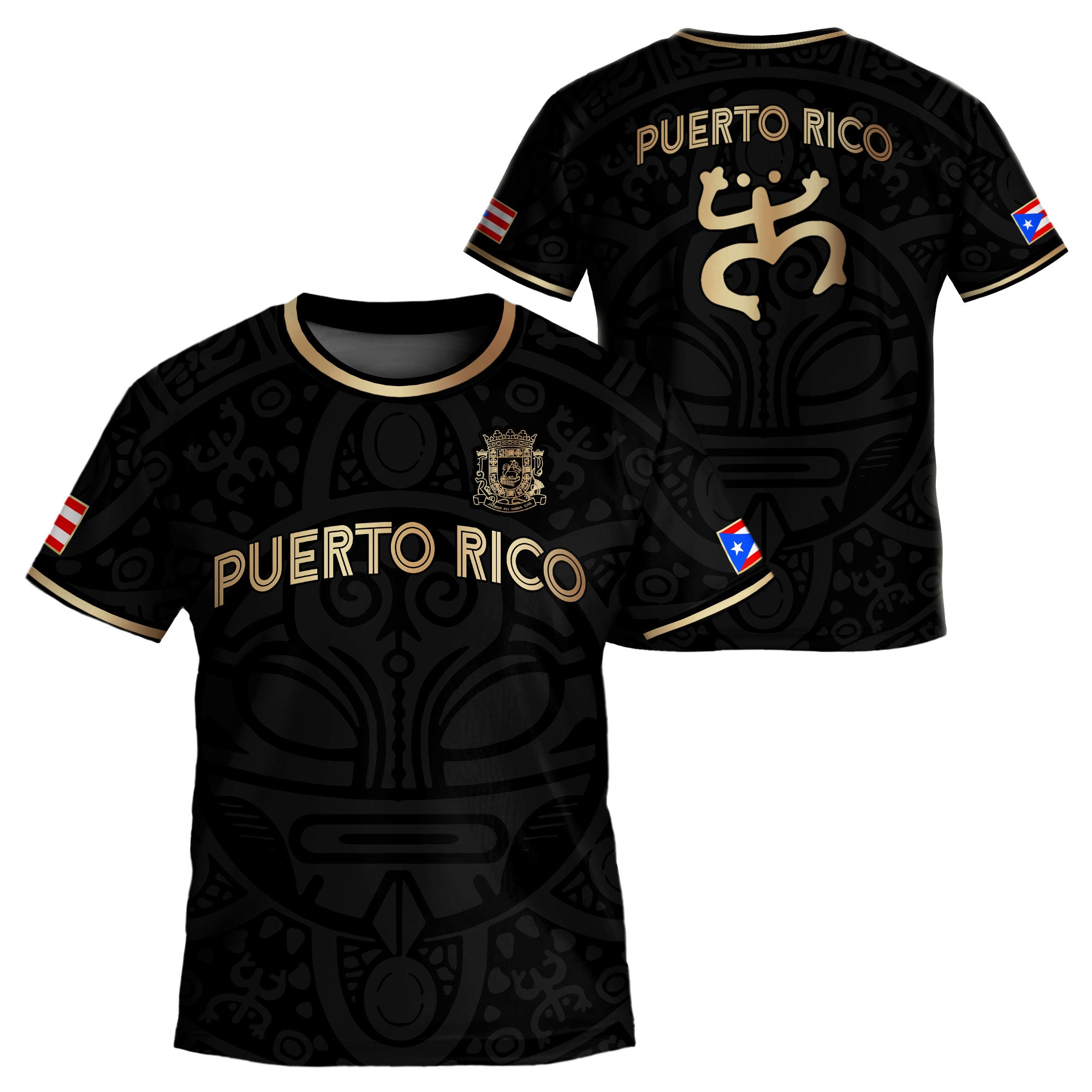 Puerto Rico Kids Youth Black Gold Boricua Taino Mask Coqui Frog Tribal Soccer Jersey