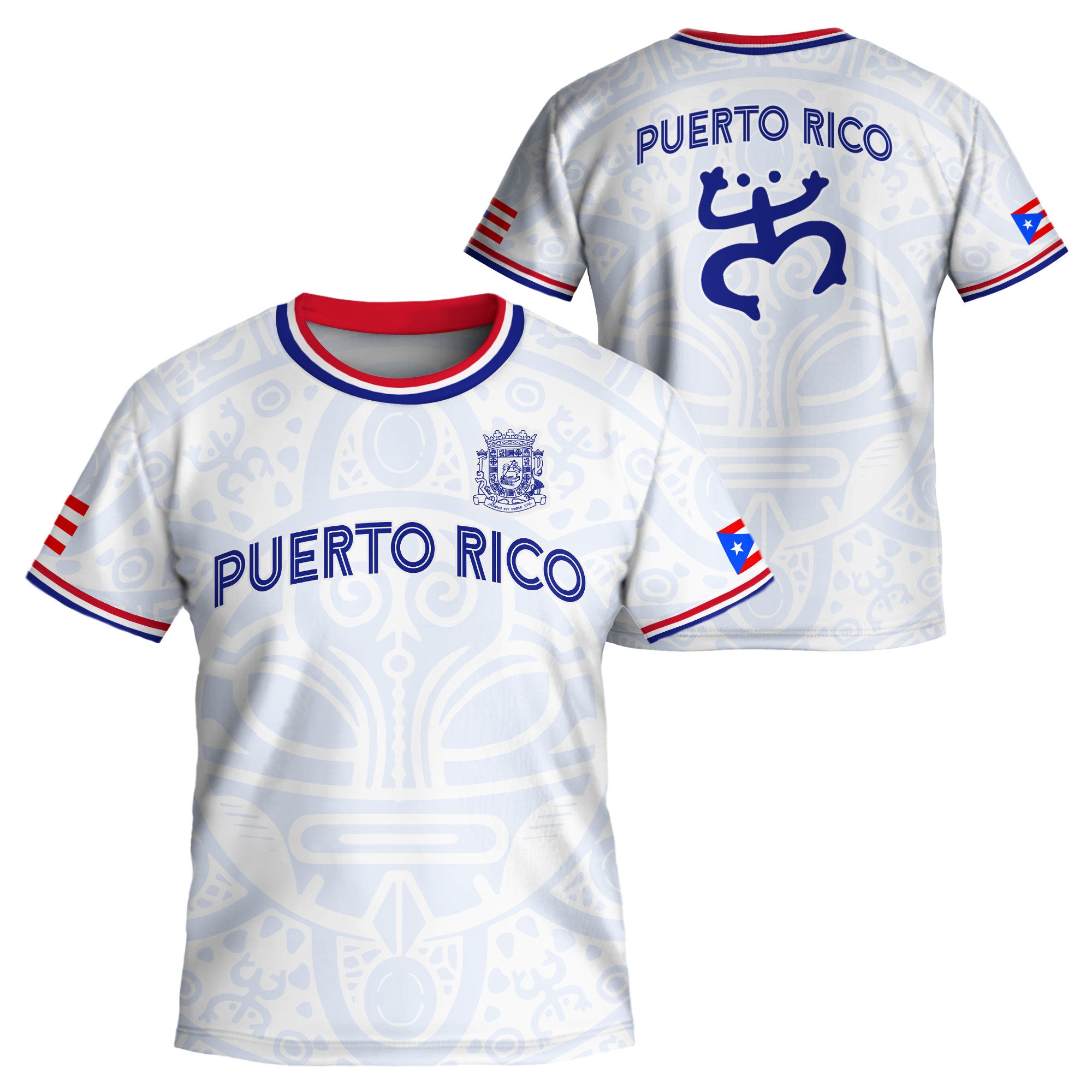 Puerto Rico Kids Youth White Blue Boricua Taino Mask Coqui Frog Tribal Soccer Jersey