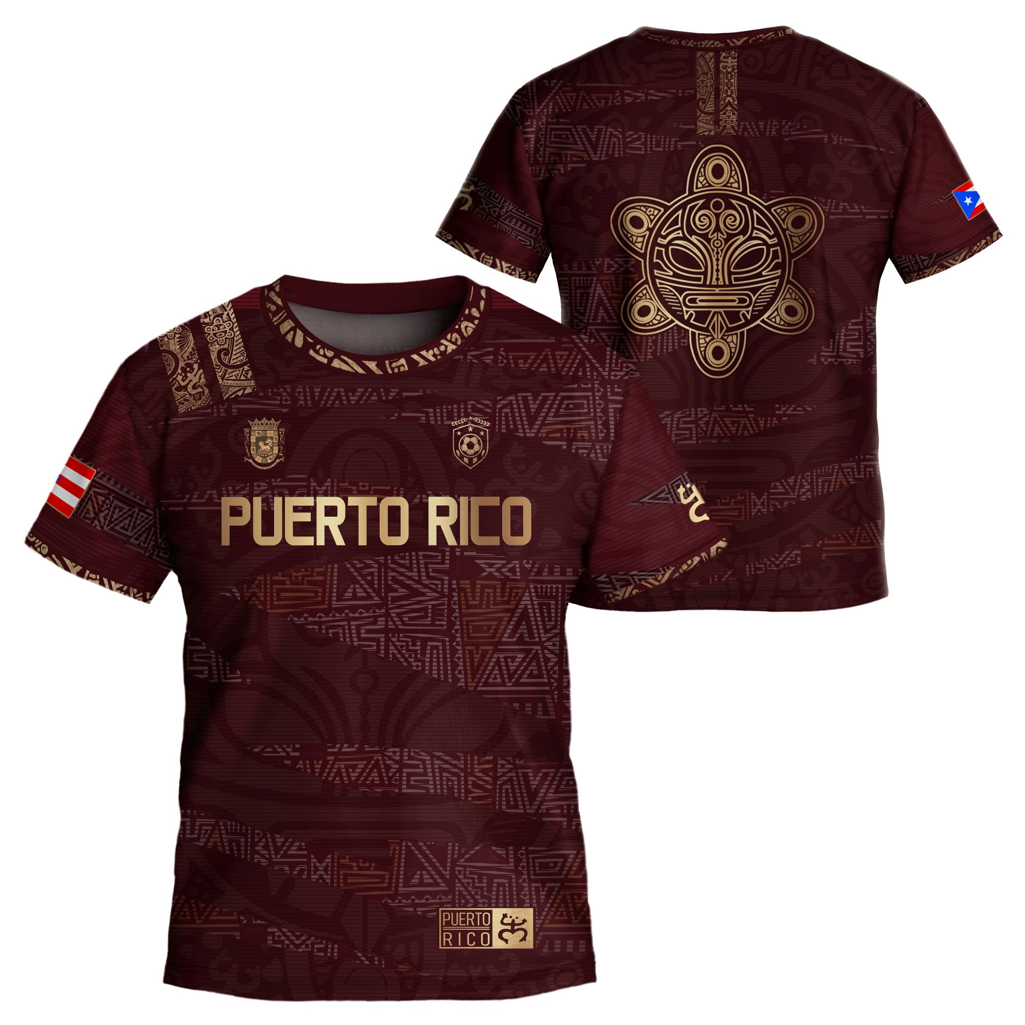 Camiseta de fútbol boricua de herencia nacional con diseño tribal taíno dorado granate para niños y jóvenes de Puerto Rico