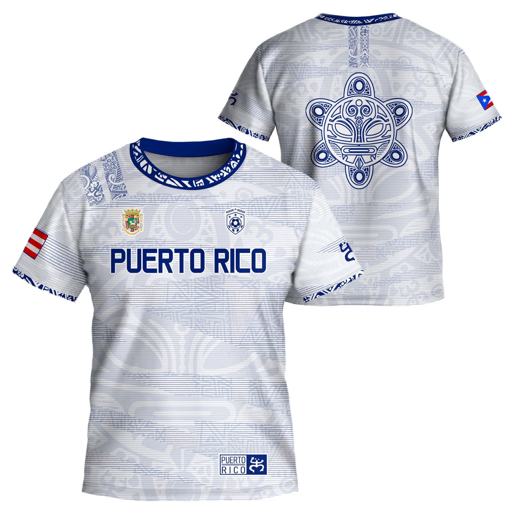 Camiseta de fútbol boricua de herencia nacional con patrón tribal taíno blanco y azul para niños y jóvenes de Puerto Rico