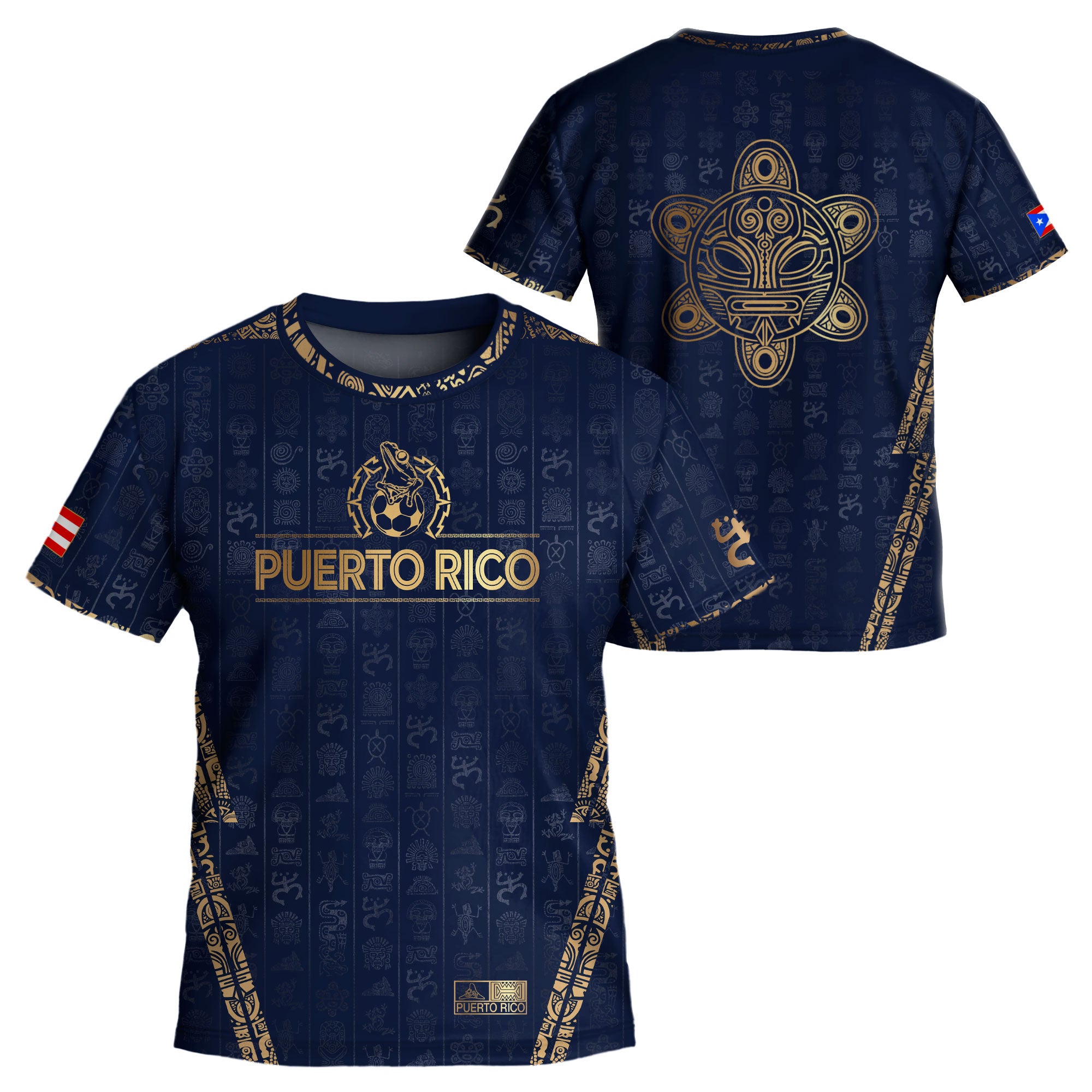 Camiseta de fútbol juvenil de Puerto Rico para niños, color azul marino dorado, con el Sol Taino, herencia nacional, arte boricua