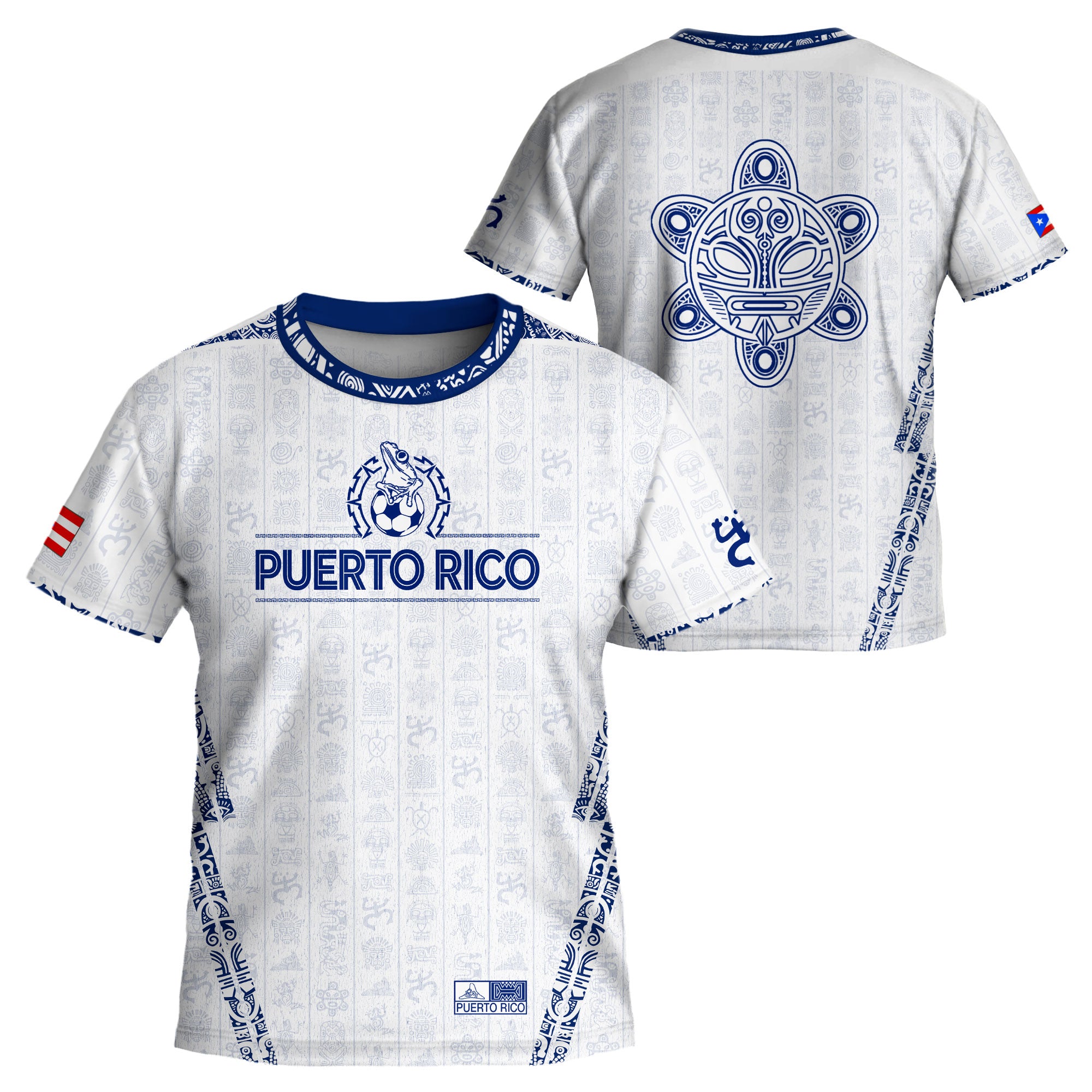 Camiseta de fútbol juvenil blanca y azul del Sol Taino de Puerto Rico, patrimonio nacional, arte boricua