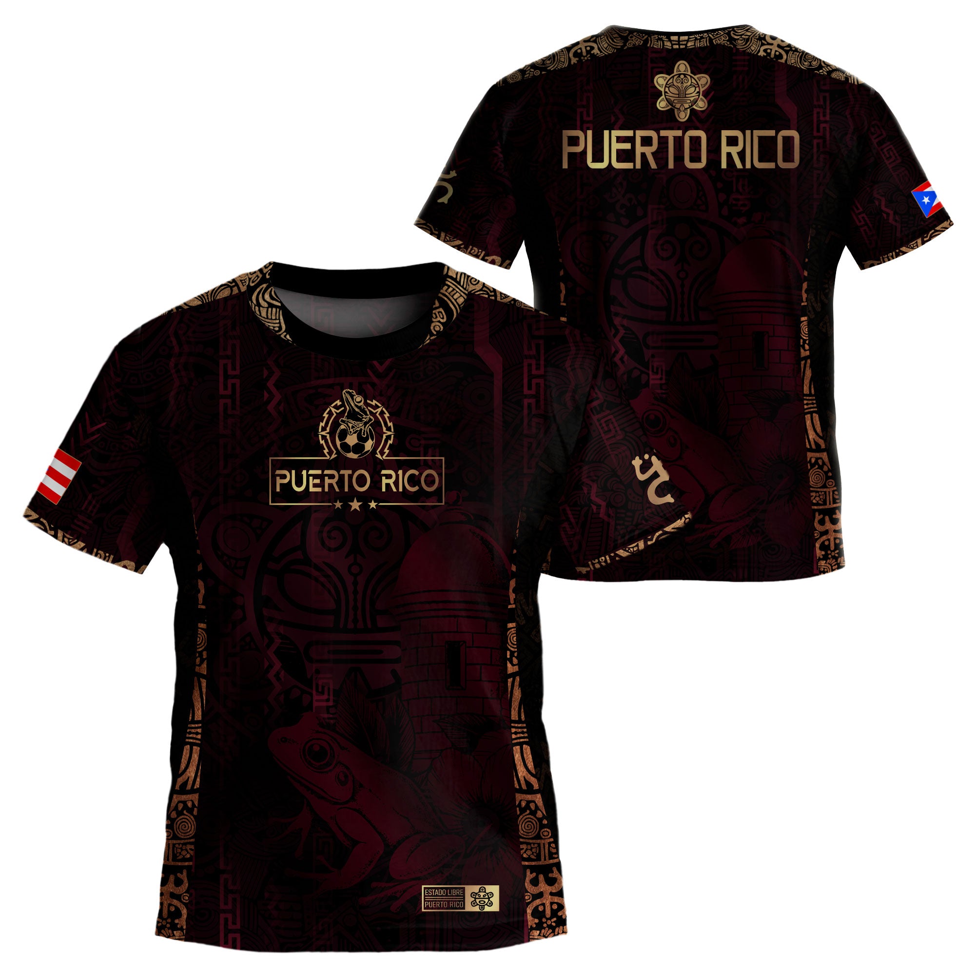Puerto Rico Kids Youth Maroon Gold Taino Sun Boricua Coqui Frog Heritage Art Soccer Jersey