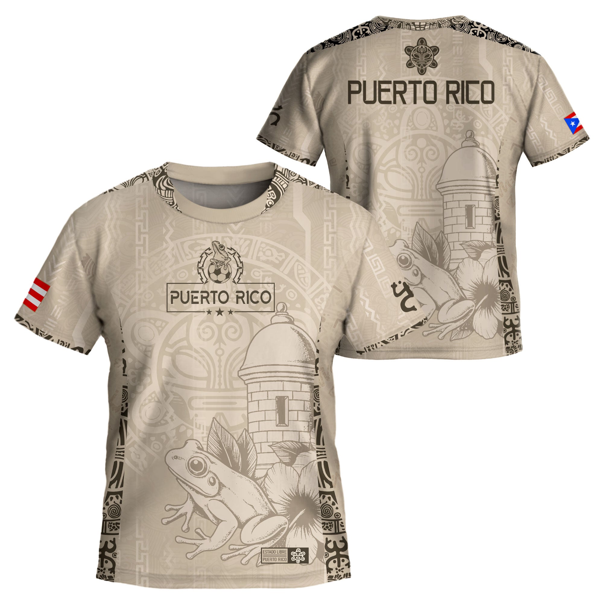 Puerto Rico Kids Youth Beige Gold Coqui Frog Floral Garita Taino Sun Heritage Soccer Jersey
