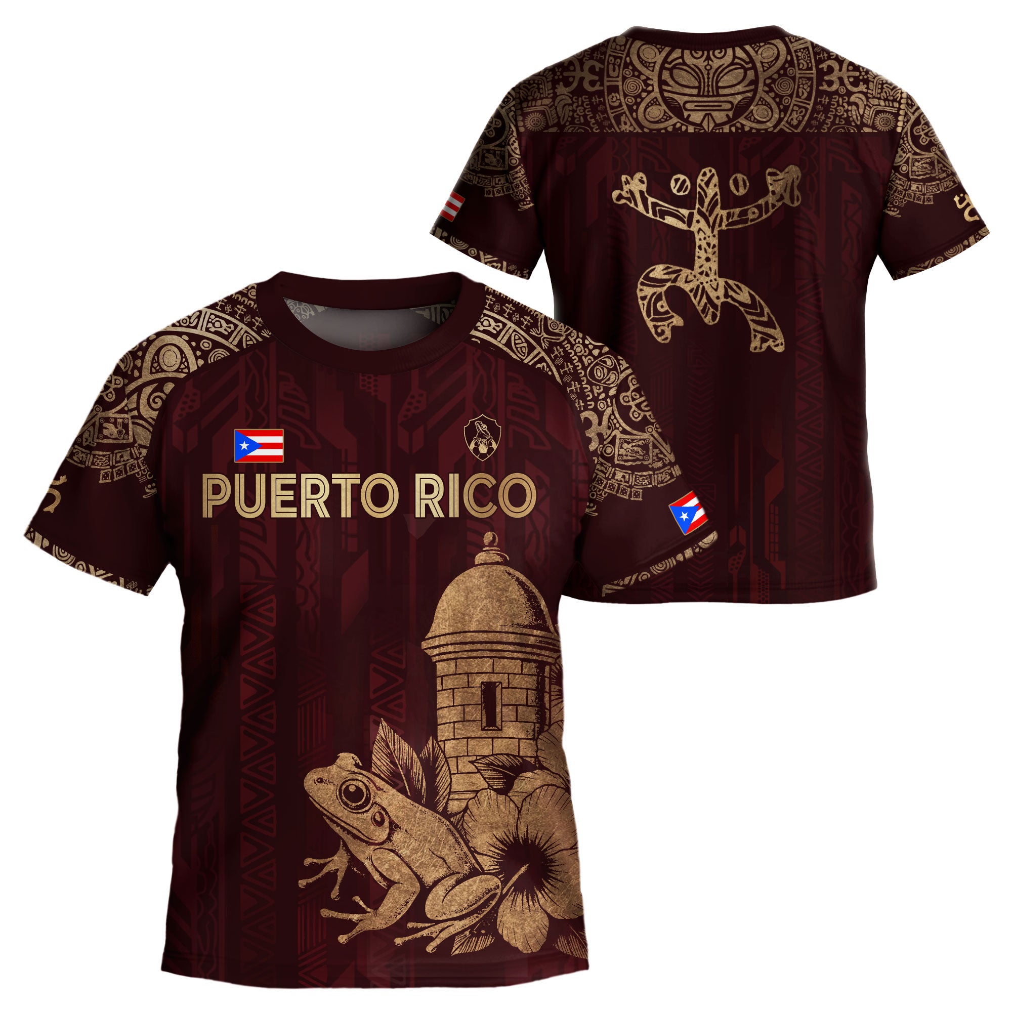 Puerto Rico Kids Youth Maroon Gold Coqui Frog Garita Floral Taino Sun Heritage Soccer Jersey