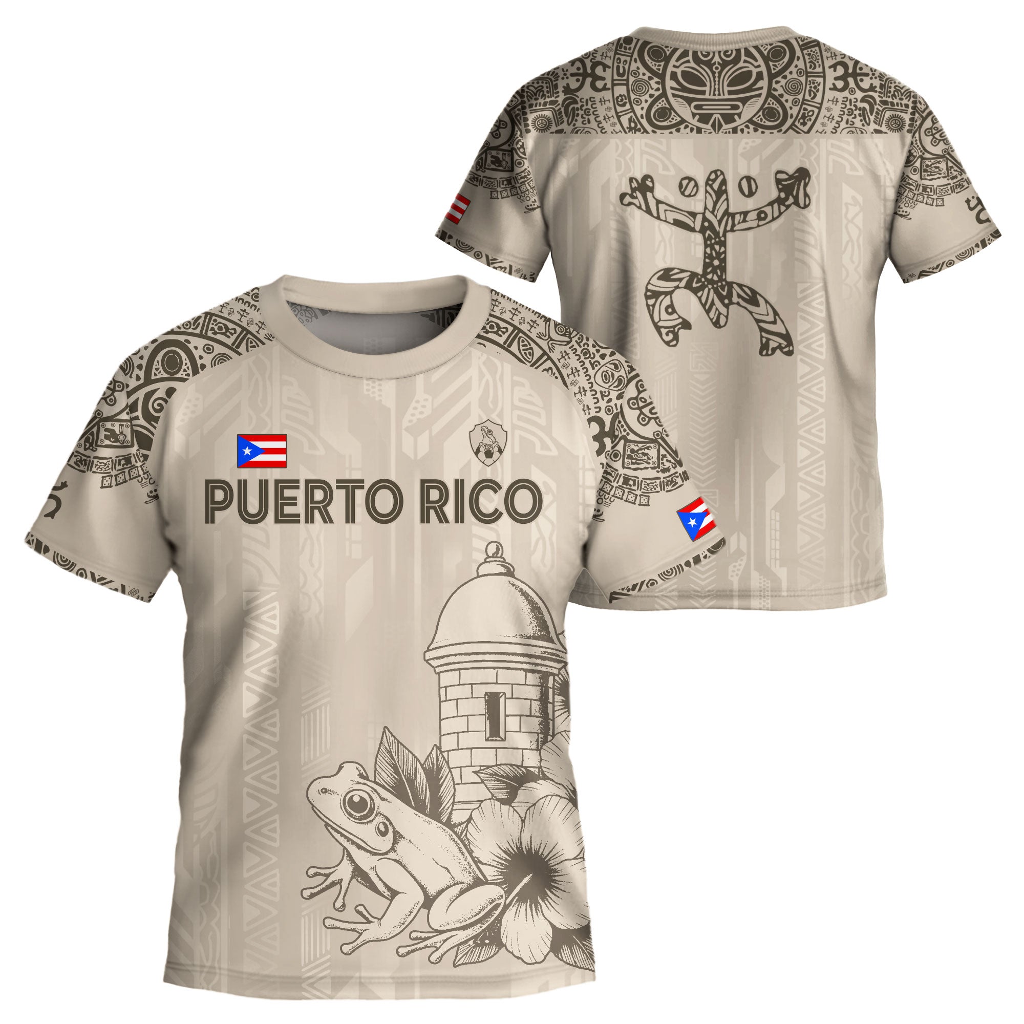 Puerto Rico Kids Youth Beige Gold Coqui Frog Garita Floral Taino Sun Heritage Soccer Jersey