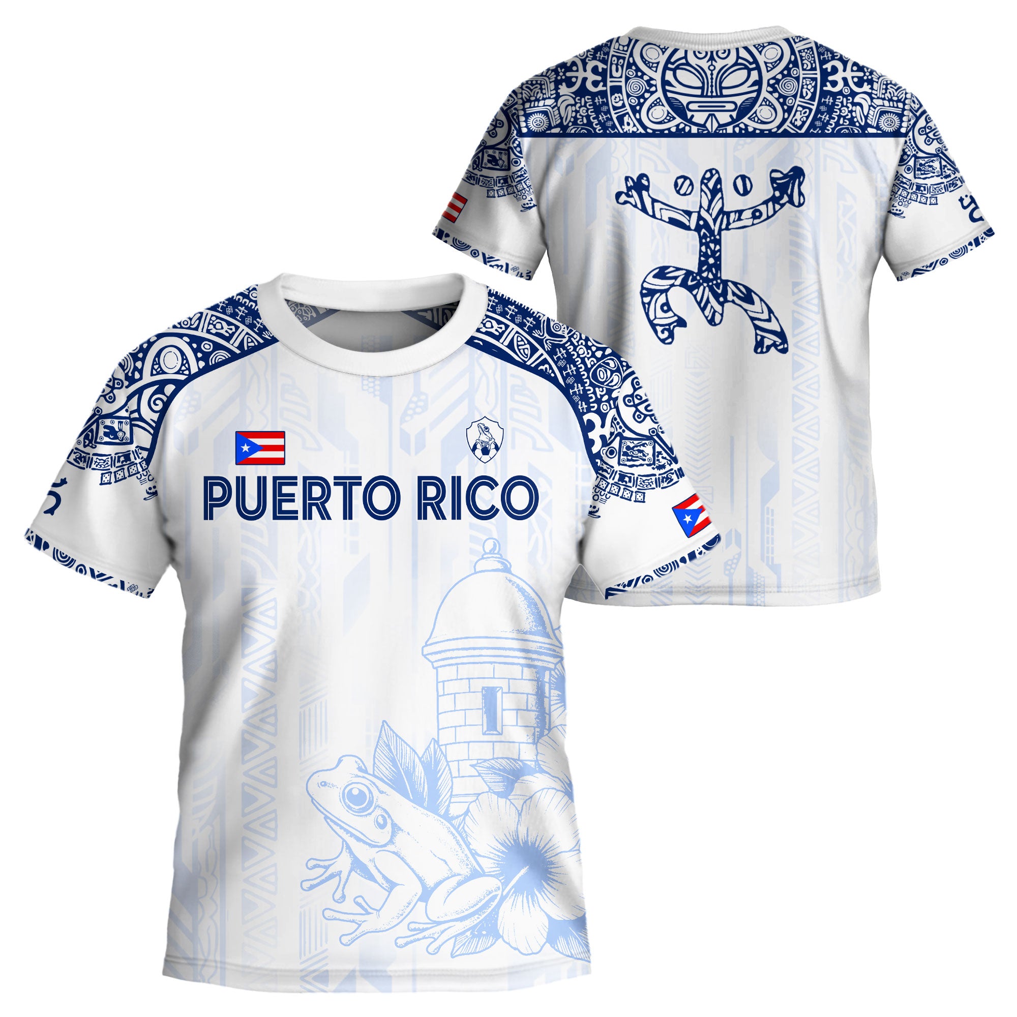Puerto Rico Niños Jóvenes Blanco Azul Coqui Rana Garita Floral Taino Sun Island Heritage Soccer Jersey