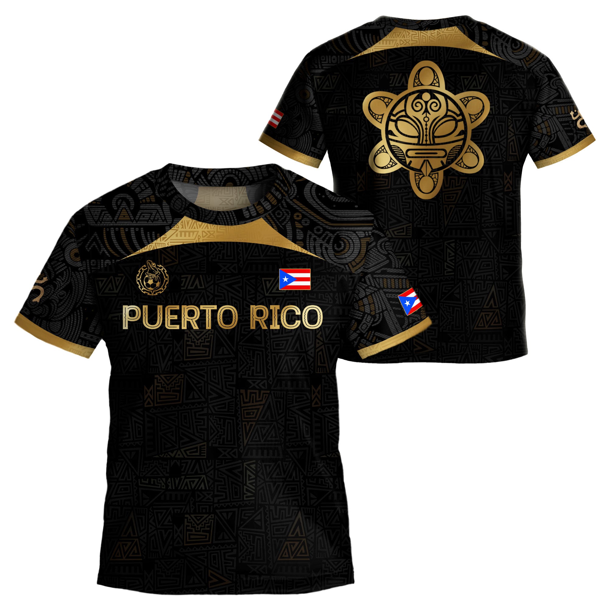Puerto Rico Kids Youth Black Gold Tribal Graphic Taino Sun National Heritage Soccer Jersey