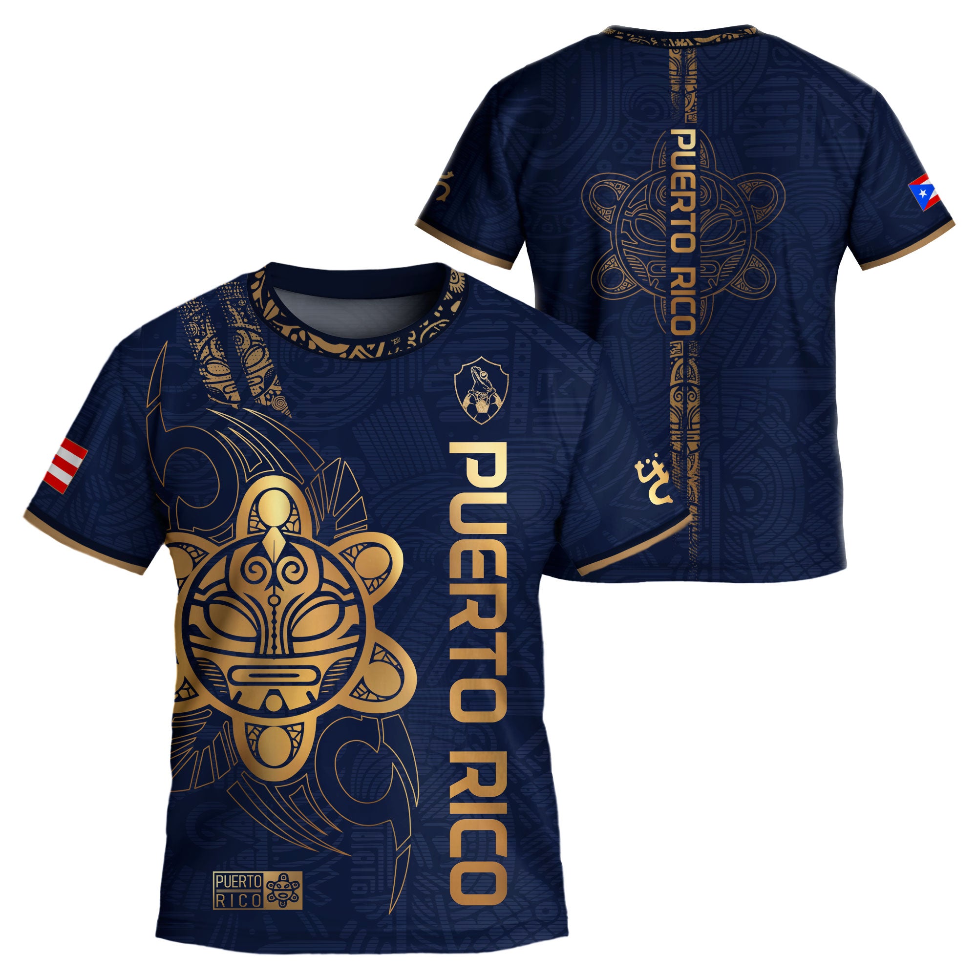 Camiseta de fútbol boricua de herencia nacional con texto vertical del Sol Taino dorado azul marino para niños y jóvenes de Puerto Rico