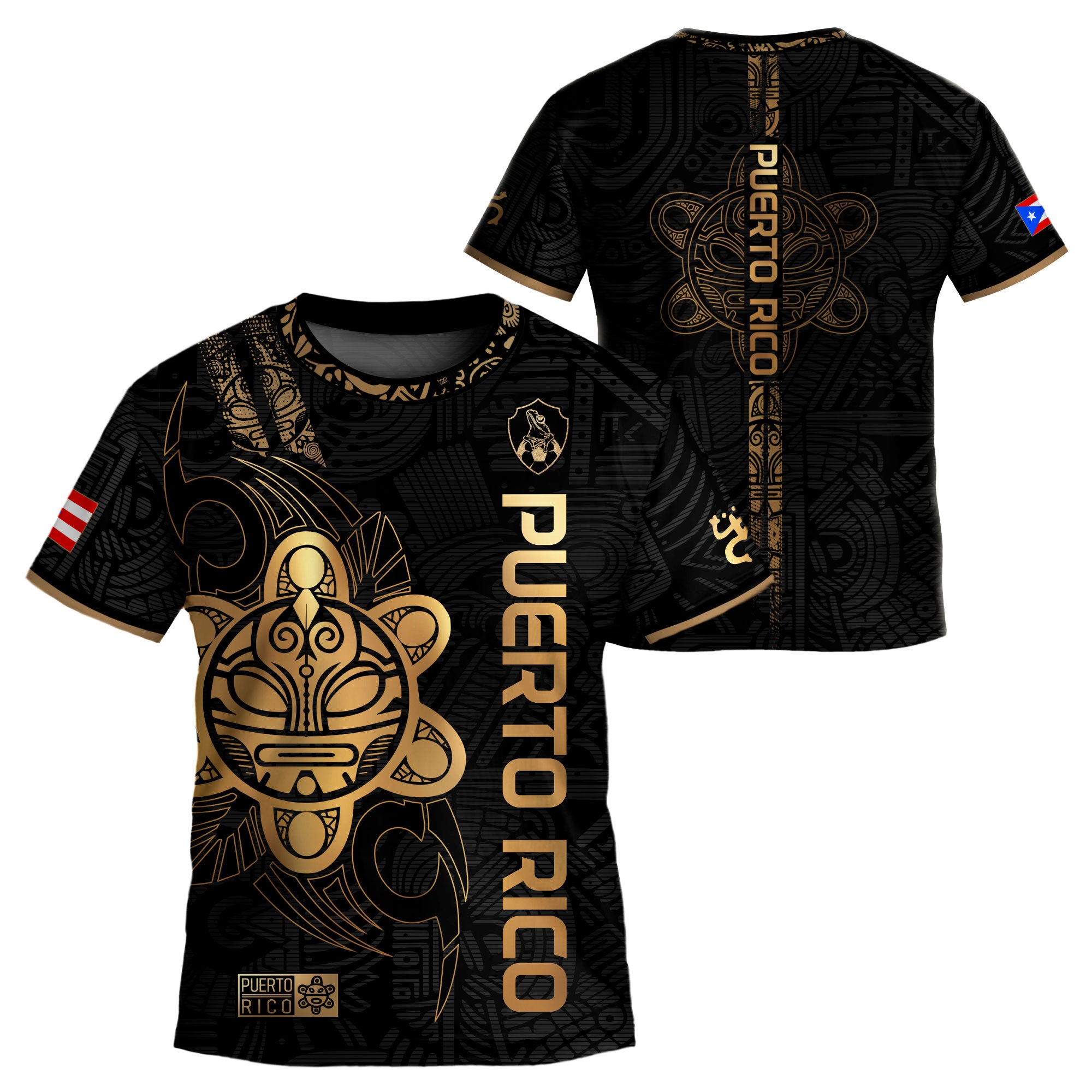 Camiseta de fútbol juvenil negra dorada del Sol Taino de Puerto Rico para niños y jóvenes, herencia nacional, orgullo boricua