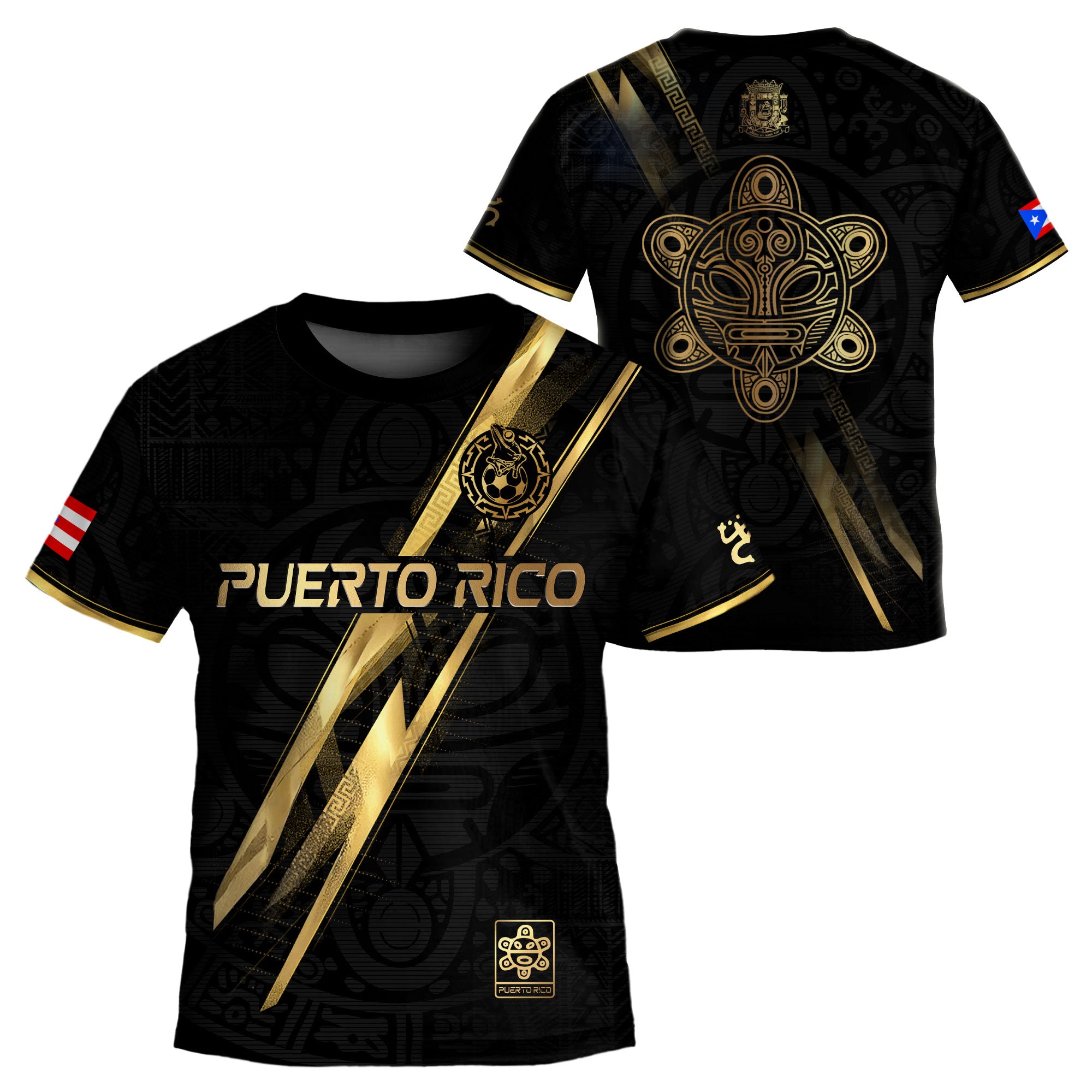 Puerto Rico Kids Youth Black Gold Lightning Graphic Taino Sun National Heritage Soccer Jersey