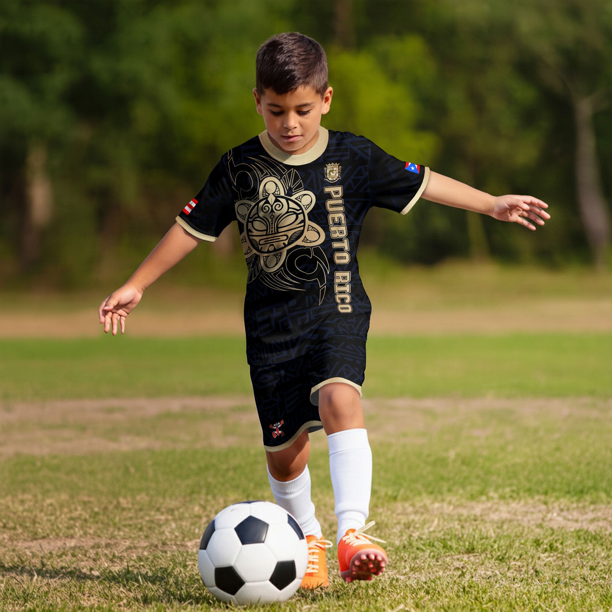 Puerto Rico Kids Youth Black Navy Gold Taino Sun God Tribal Heritage Soccer Jersey