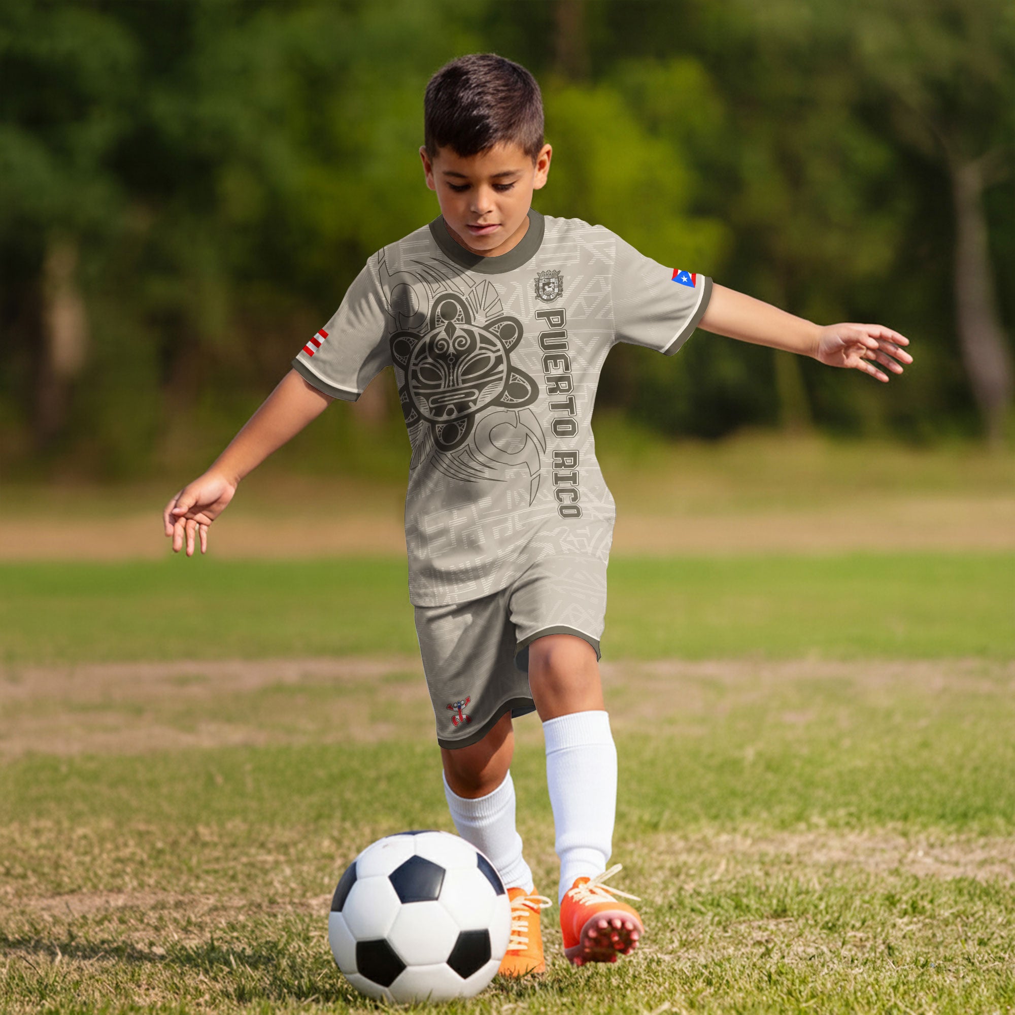 Puerto Rico Kids Youth Beige Gold Taino Sun God Tribal Symbol Boricua Heritage Soccer Jersey
