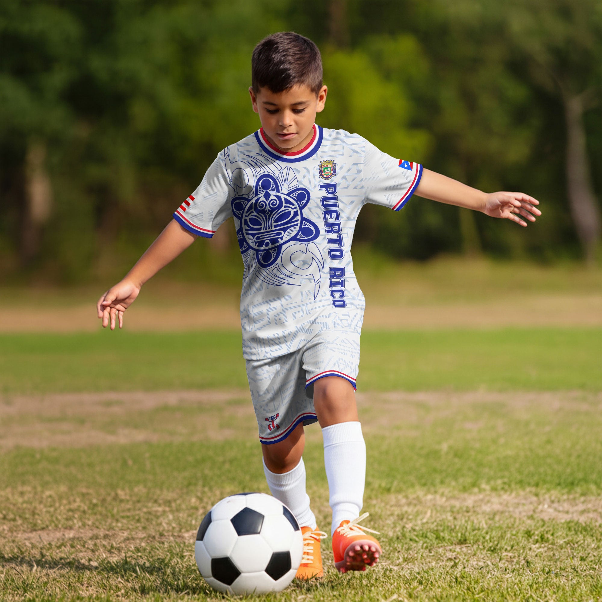 Camiseta de fútbol juvenil blanca y azul de la tribu boricua del sol taíno de Puerto Rico para niños