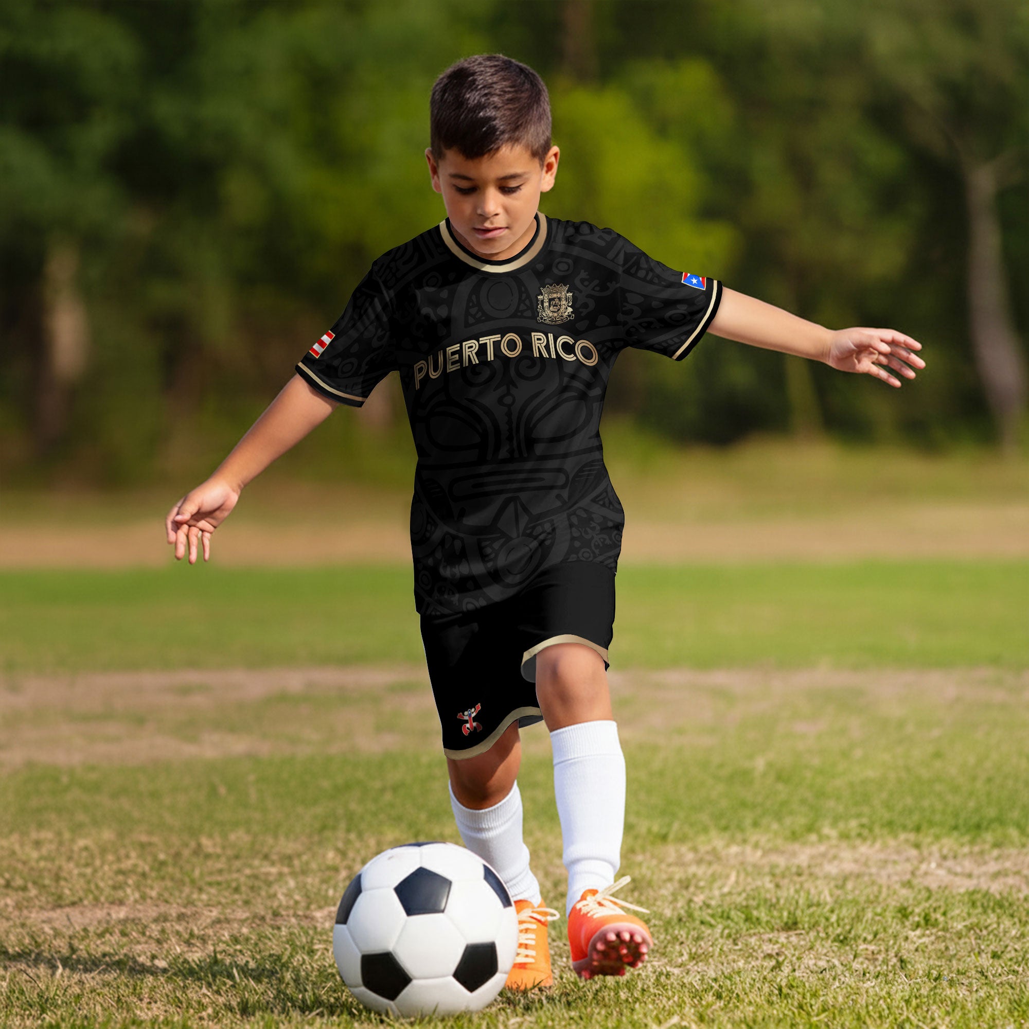 Puerto Rico Kids Youth Black Gold Boricua Taino Mask Coqui Frog Tribal Soccer Jersey