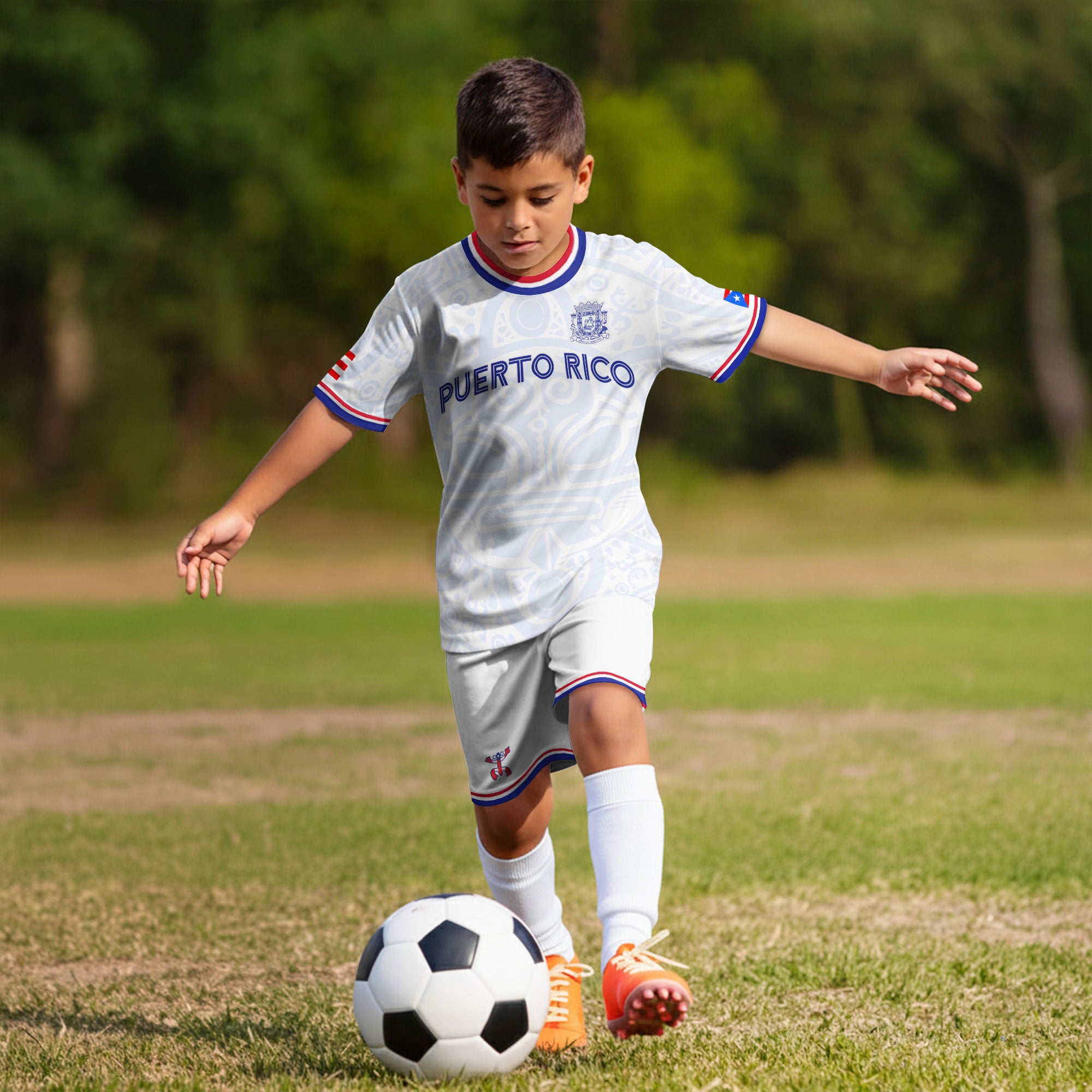 Puerto Rico Kids Youth White Blue Boricua Taino Mask Coqui Frog Tribal Soccer Jersey