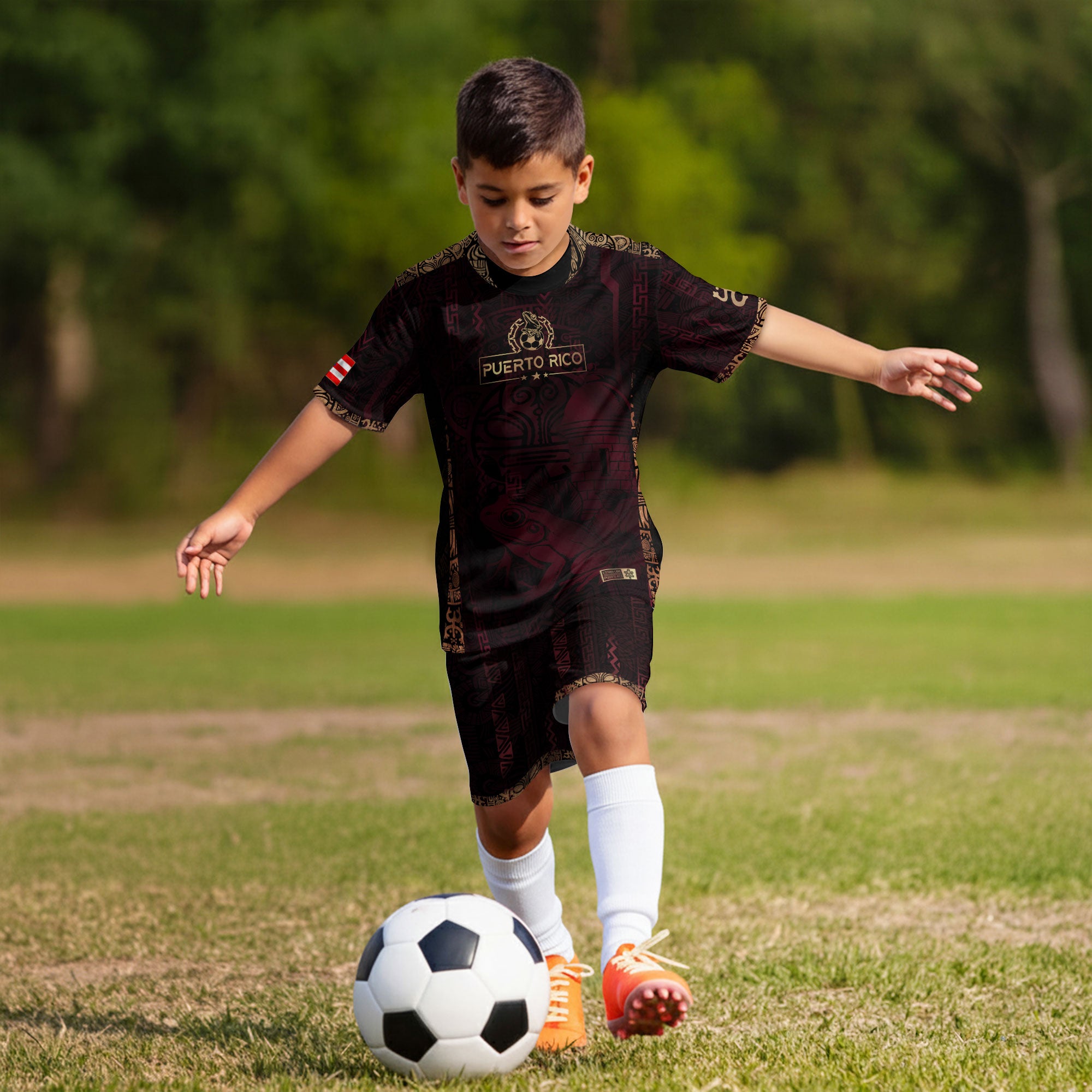 Puerto Rico Kids Youth Maroon Gold Taino Sun Boricua Coqui Frog Heritage Art Soccer Jersey
