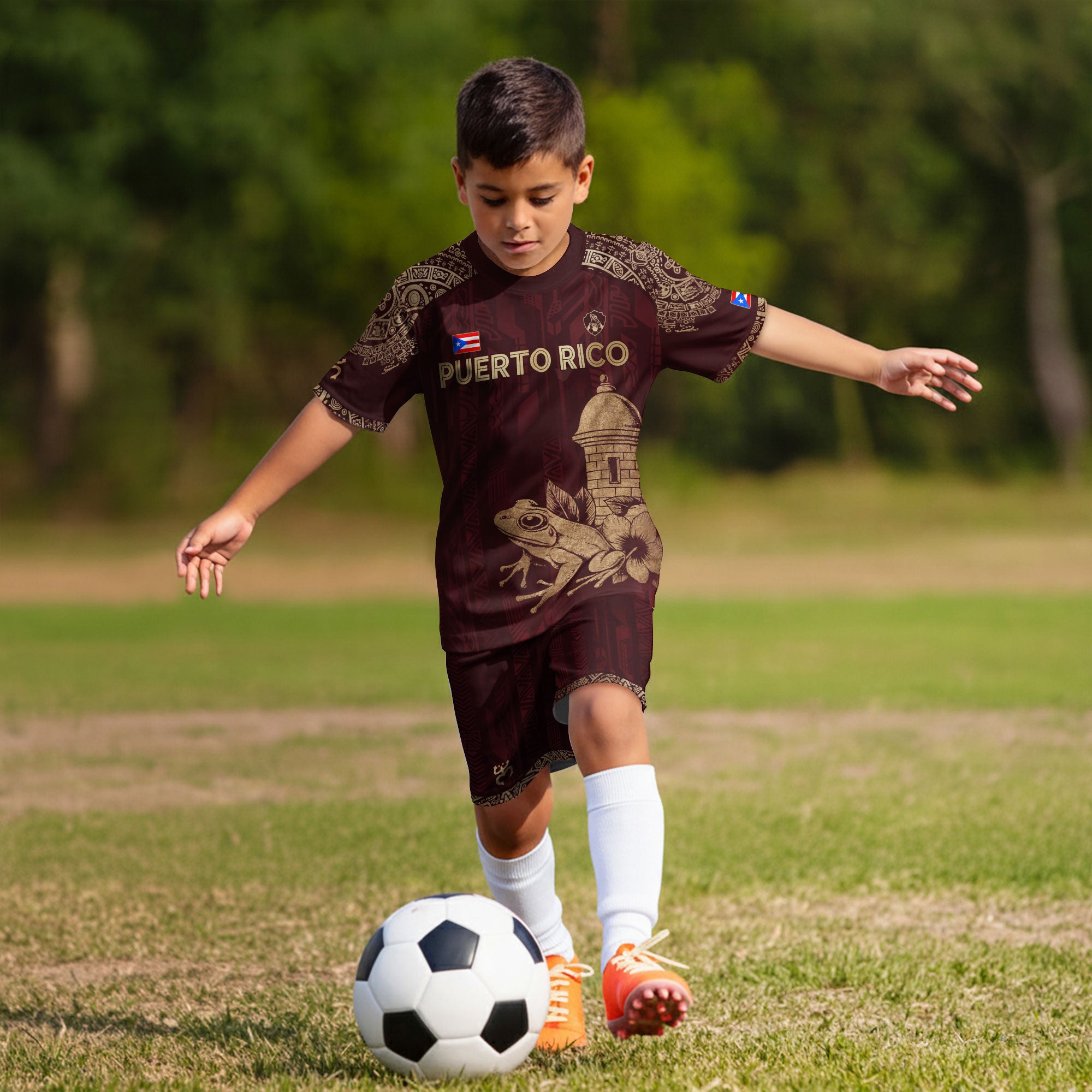 Puerto Rico Kids Youth Maroon Gold Coqui Frog Garita Floral Taino Sun Heritage Soccer Jersey
