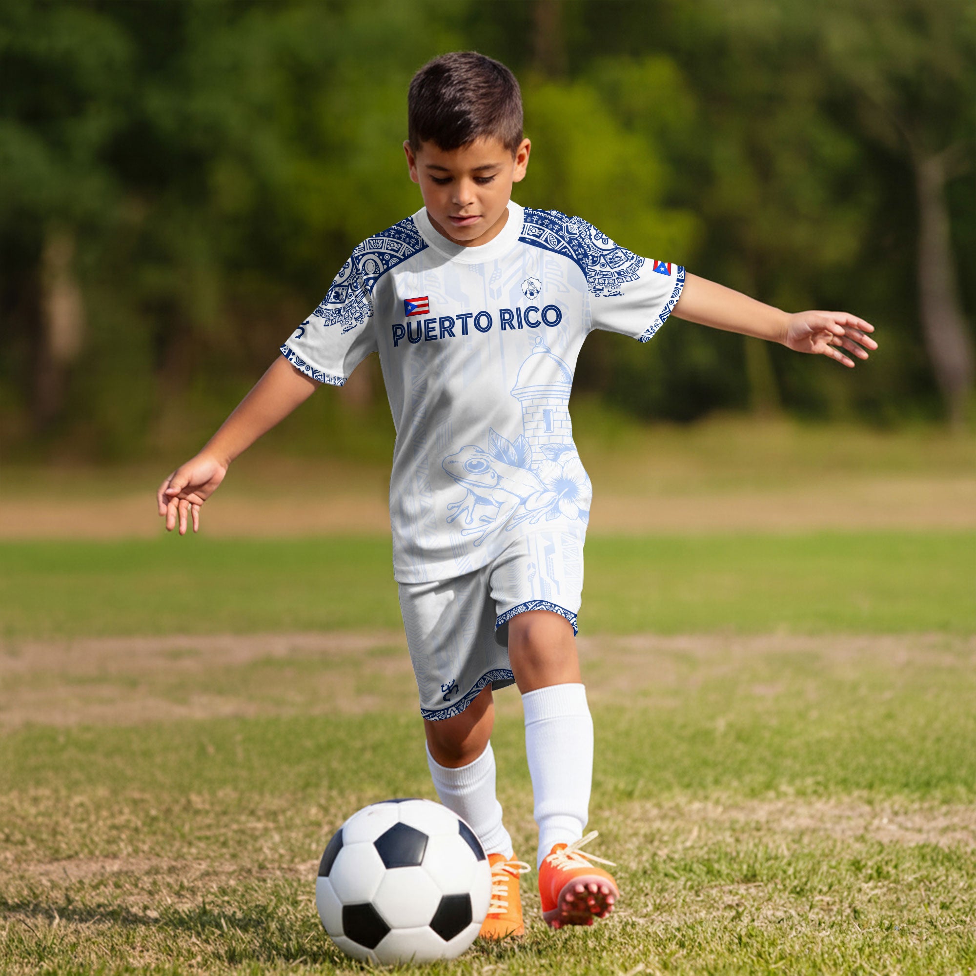 Puerto Rico Niños Jóvenes Blanco Azul Coqui Rana Garita Floral Taino Sun Island Heritage Soccer Jersey