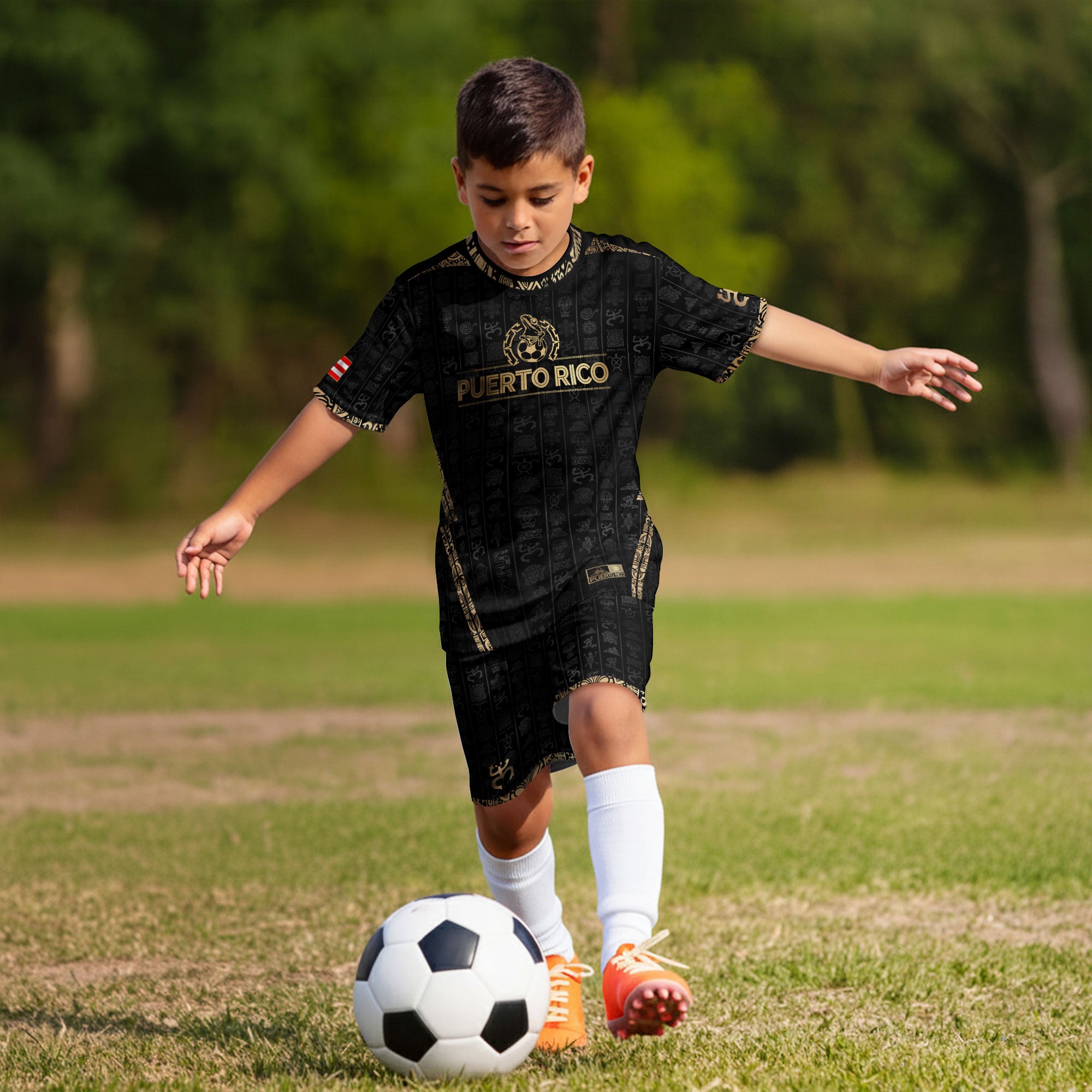 Puerto Rico Kids Youth Black Gold Taino Sun National Heritage Boricua Pride Soccer Jersey