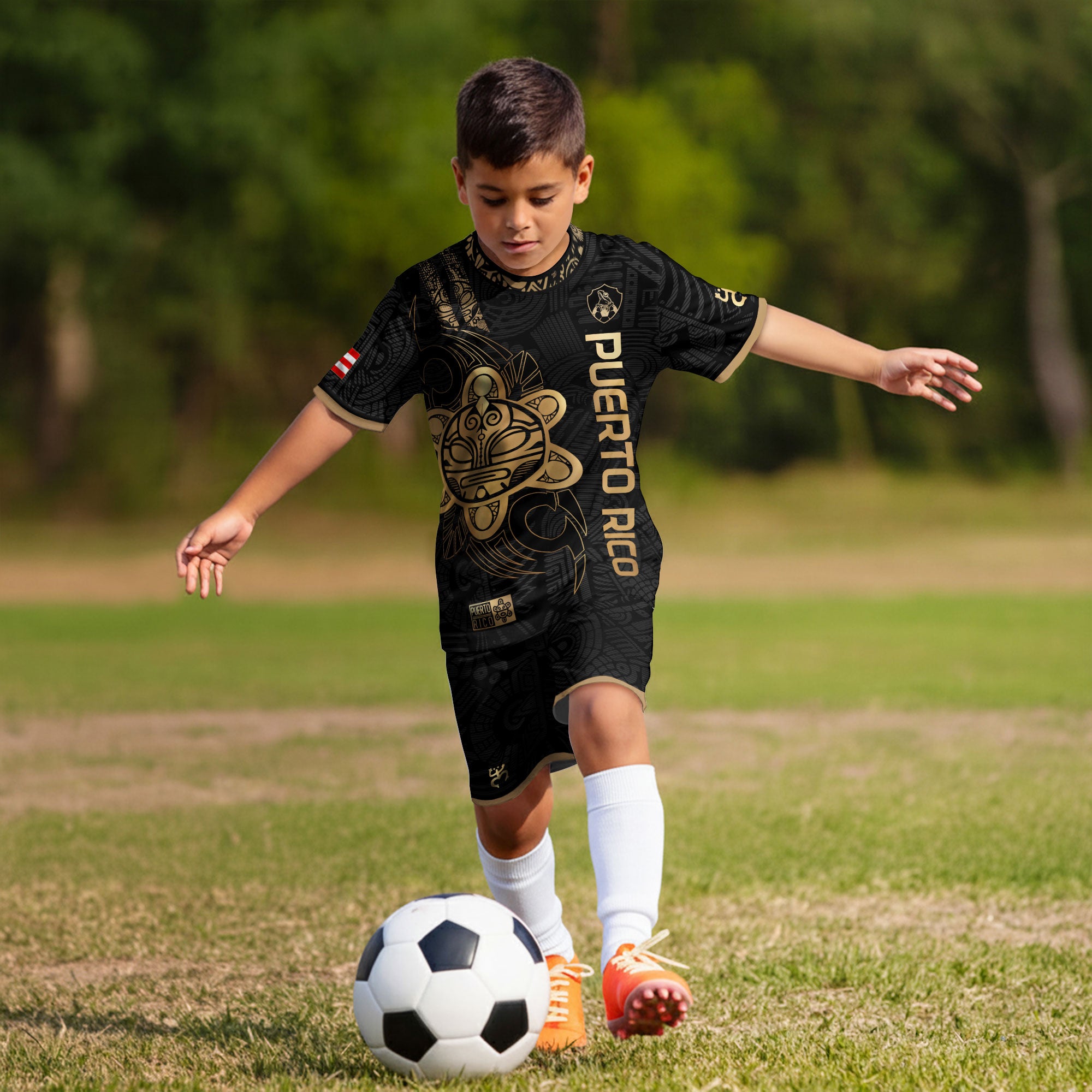 Camiseta de fútbol juvenil negra dorada del Sol Taino de Puerto Rico para niños y jóvenes, herencia nacional, orgullo boricua