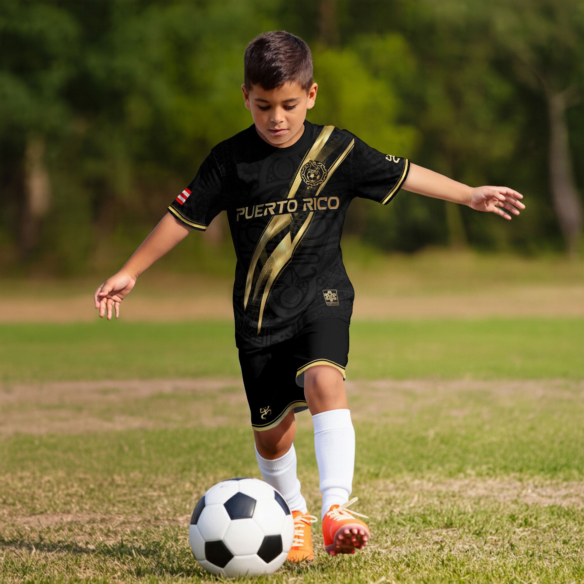 Puerto Rico Kids Youth Black Gold Lightning Graphic Taino Sun National Heritage Soccer Jersey