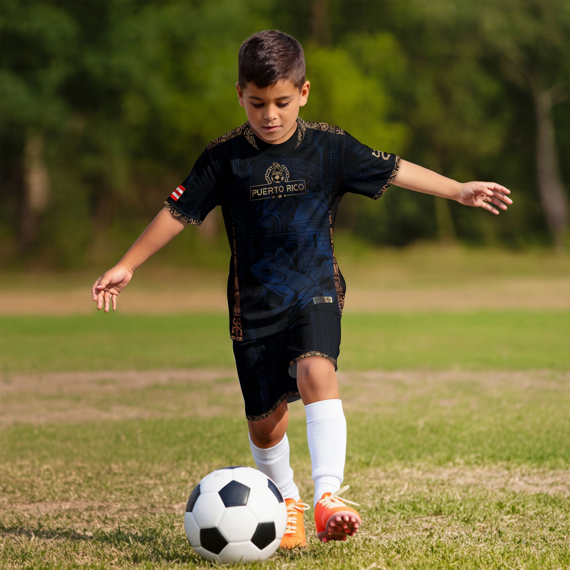 Puerto Rico Kids Youth Navy Gold Taino Sun National Heritage Floral Boricua Pride Soccer Jersey