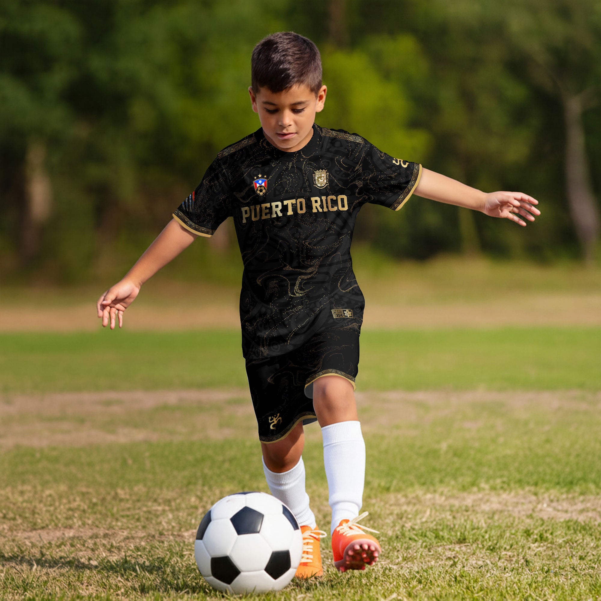 Puerto Rico Kids Youth Black Gold Abstract Taino Sun National Heritage Boricua Soccer Jersey