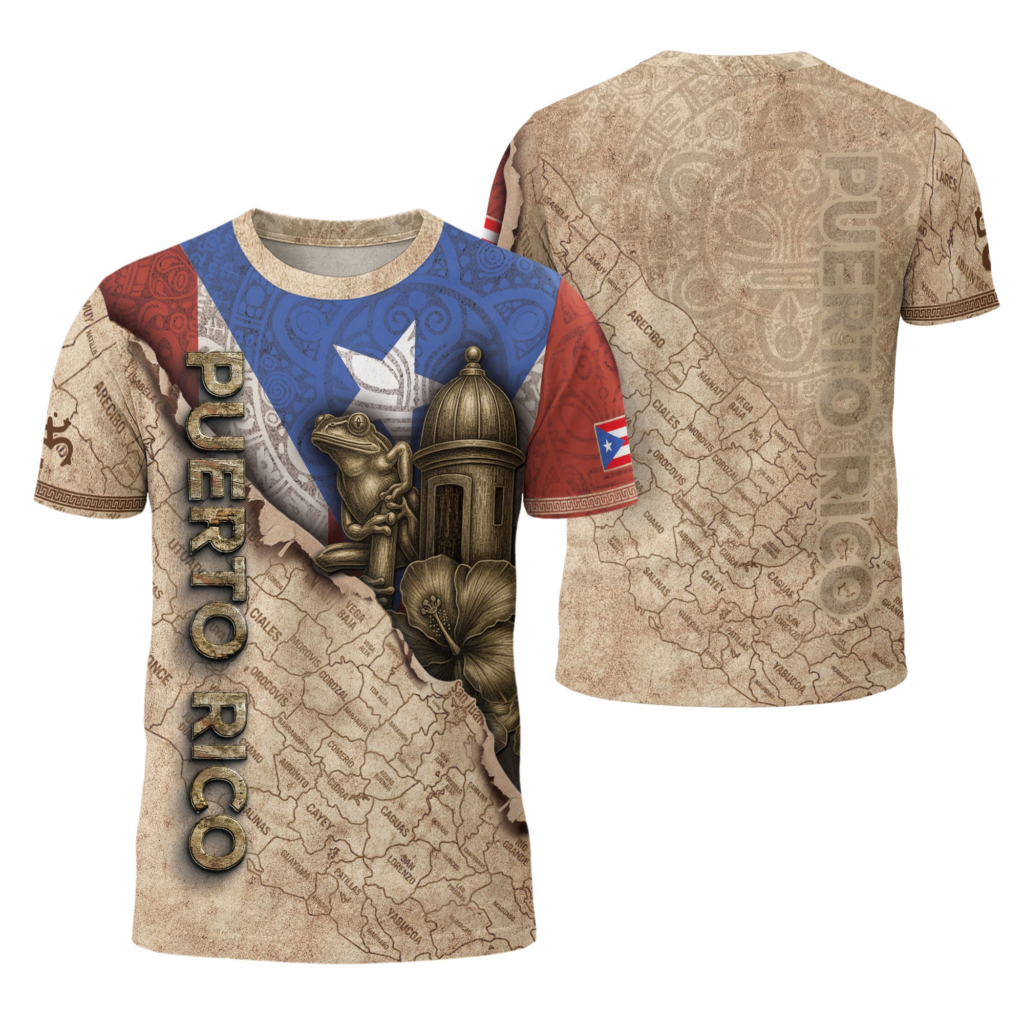 Puerto Rico Map Coqui Frog Hibiscus Garita Heritage Pride Boricua Spirit Shirt