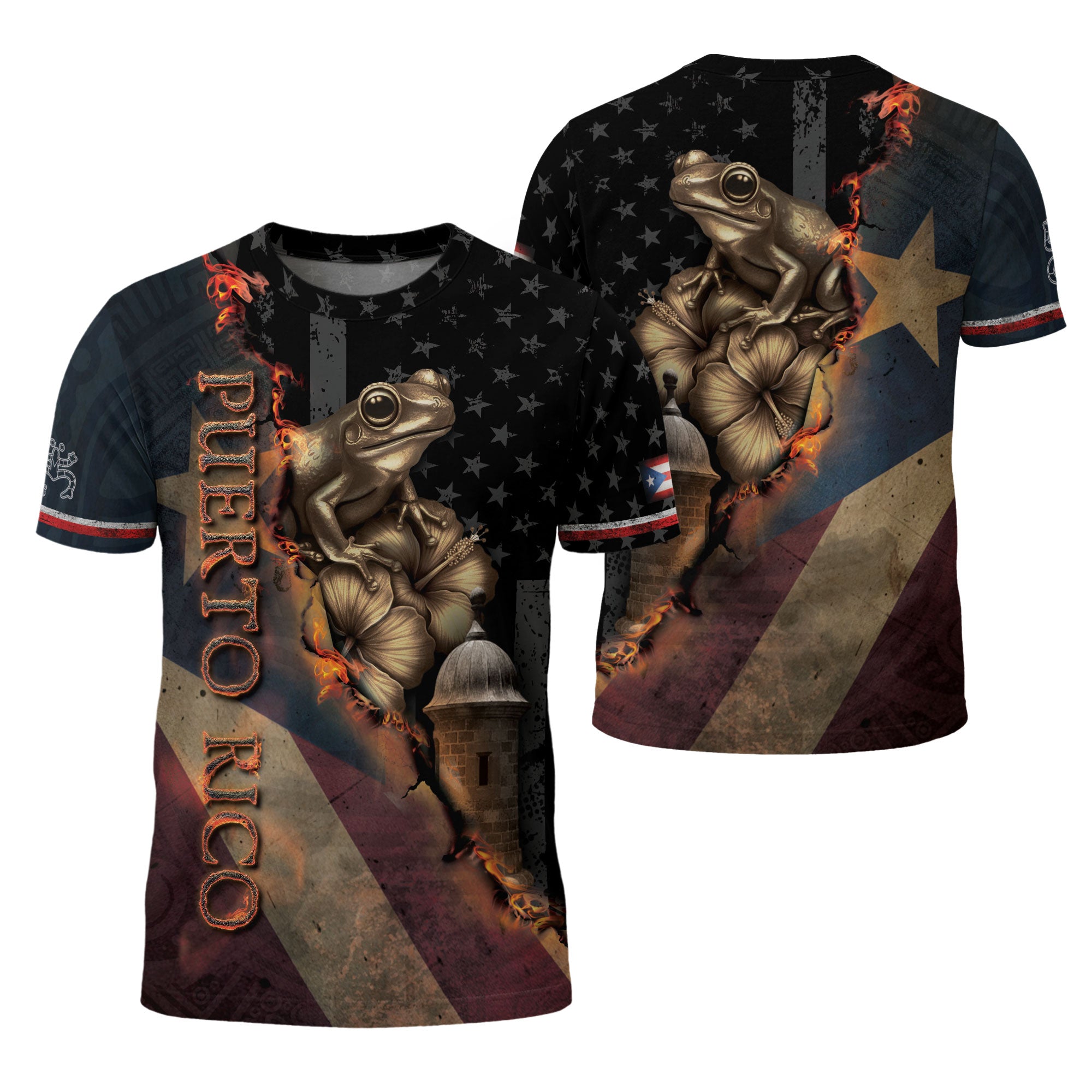 Bandera de Puerto Rico Coqui Hibiscus Taino Heritage Pride Boricua Fire Spirit Shirt