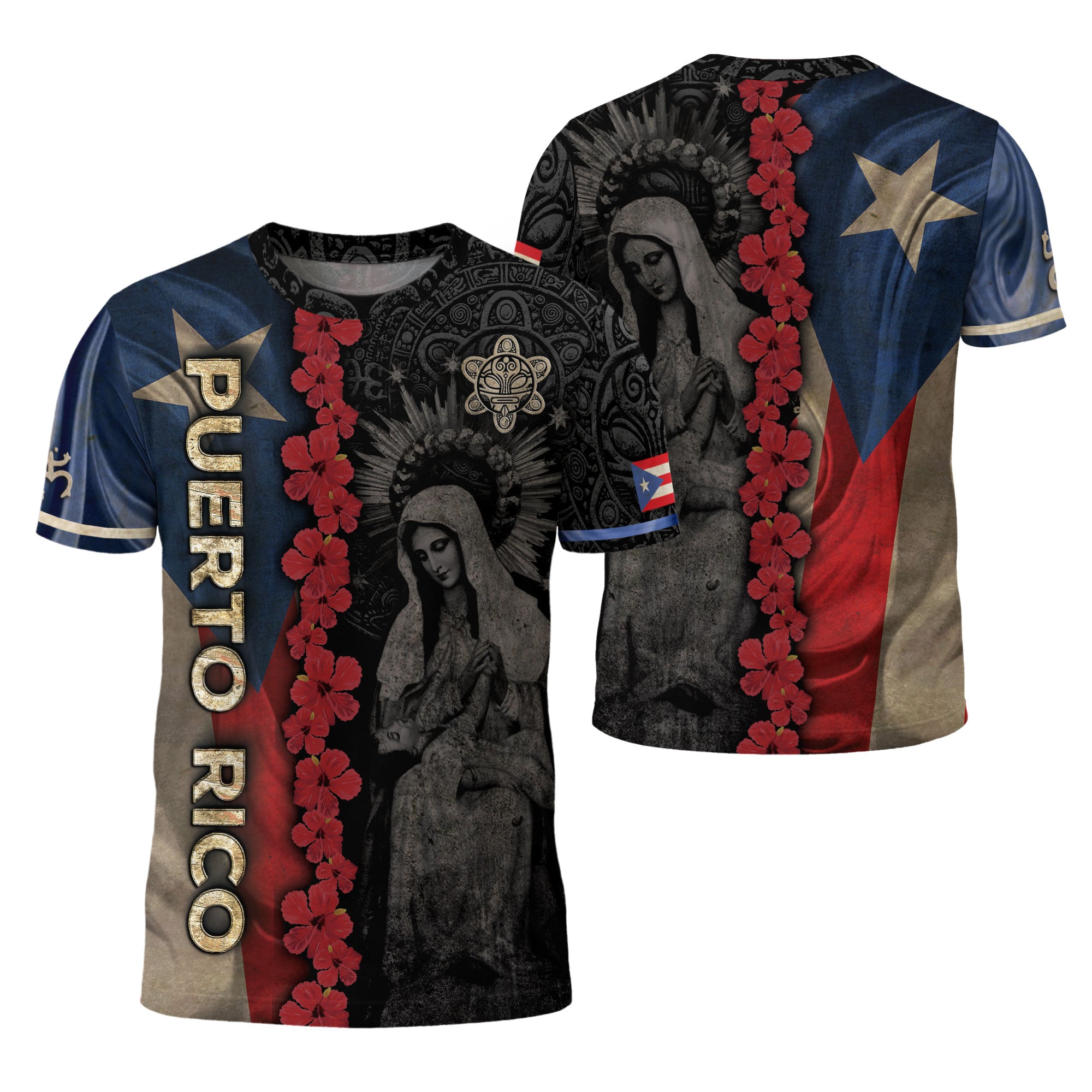 Puerto Rico Flag Virgin Mary Hibiscus Taino Heritage Pride Faith Boricua Shirt