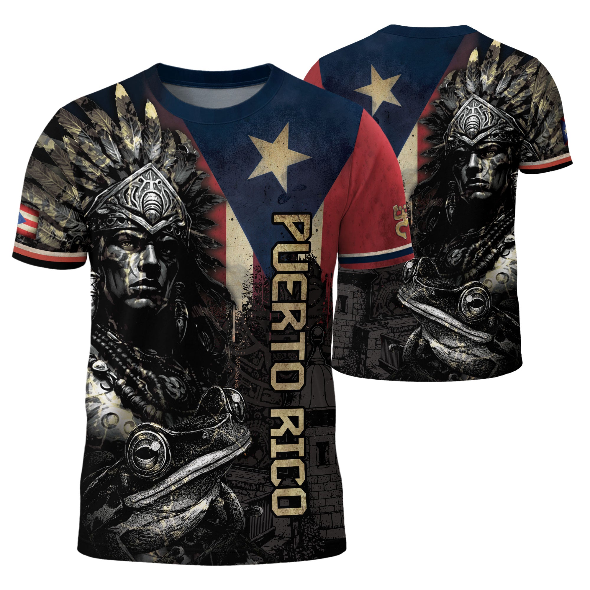 Puerto Rico Boricua Taino Warrior Coqui Frog Black Navy Red Gold National Heritage Shirt